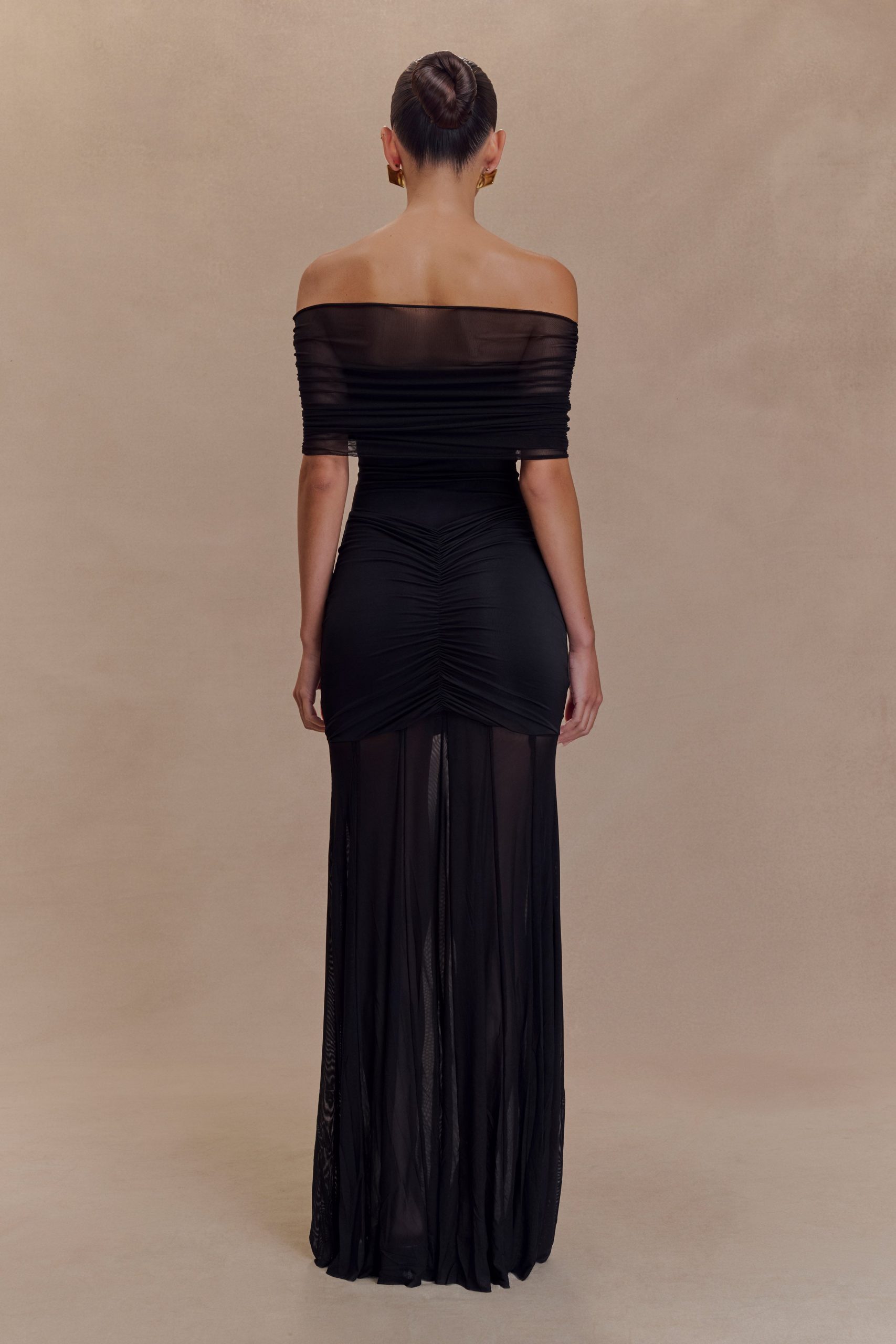 Caspian Slinky And Mesh Off Shoulder Maxi Dress - Black - Image 2