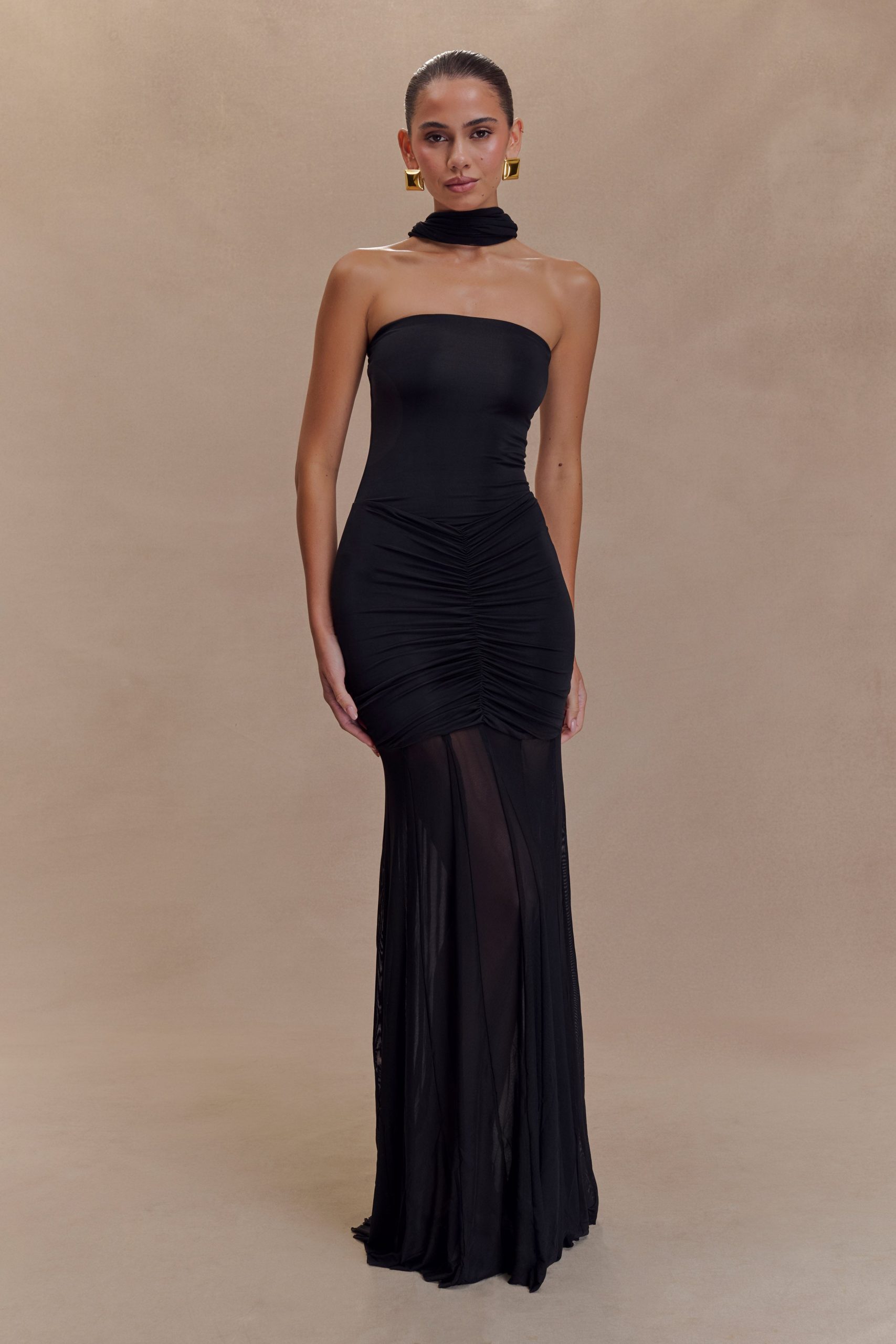 Caspian Slinky And Mesh Off Shoulder Maxi Dress - Black - Image 5