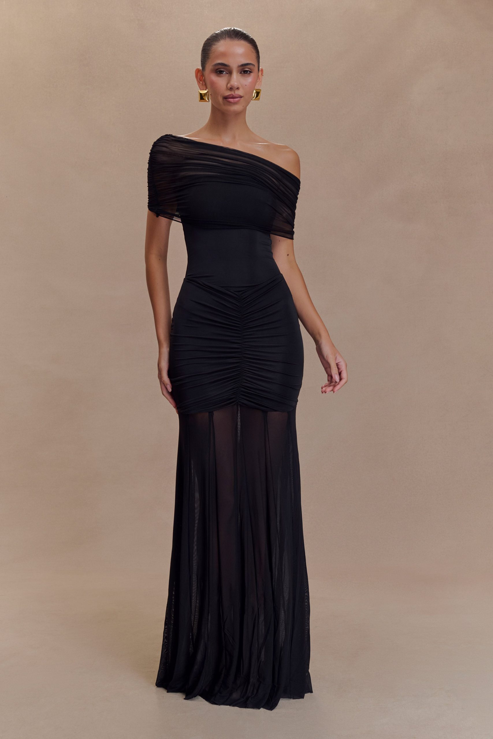 Caspian Slinky And Mesh Off Shoulder Maxi Dress - Black - Image 4