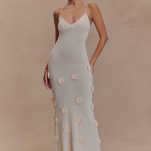 Suki Knit Maxi Dress With Flowers - Nude