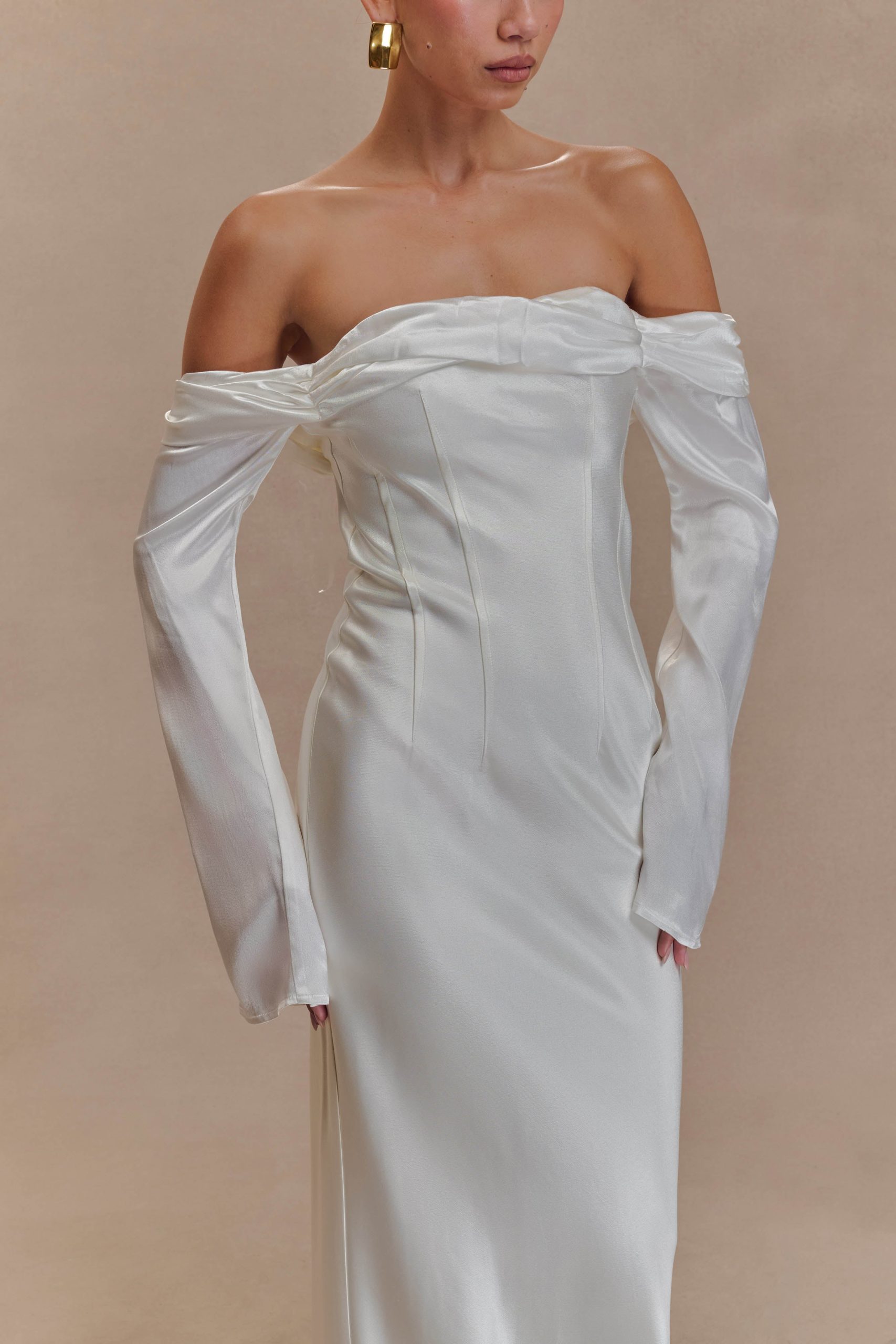 Giselle Off Shoulder Cowl Neck Maxi Dress - White - Image 3