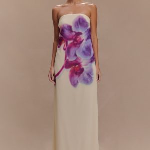 Amaya Strapless Chiffon Maxi Dress - Ivory Koi Orchid Print