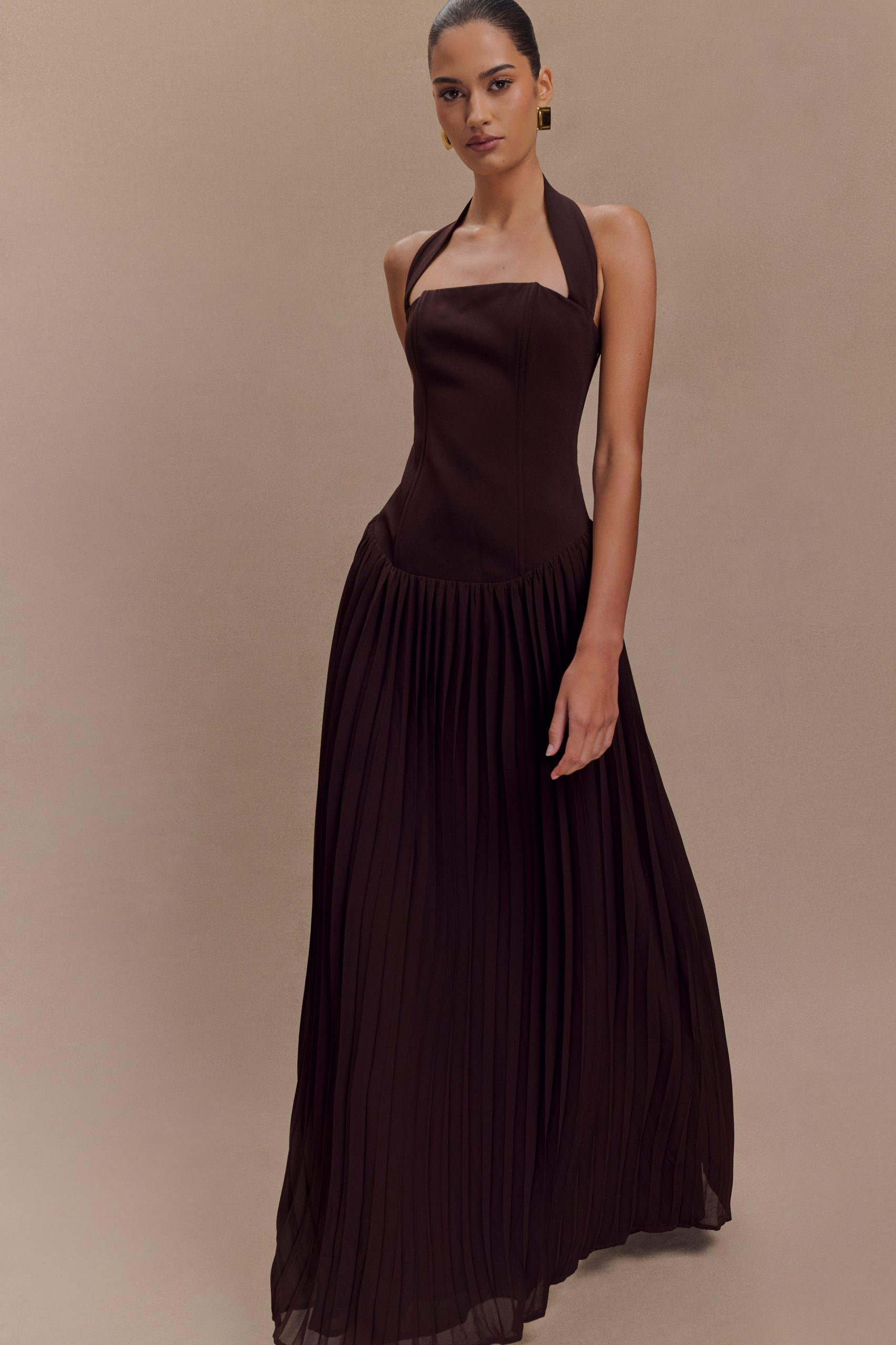 Stacie Pleated Halter Maxi Dress - Cacao - Image 5