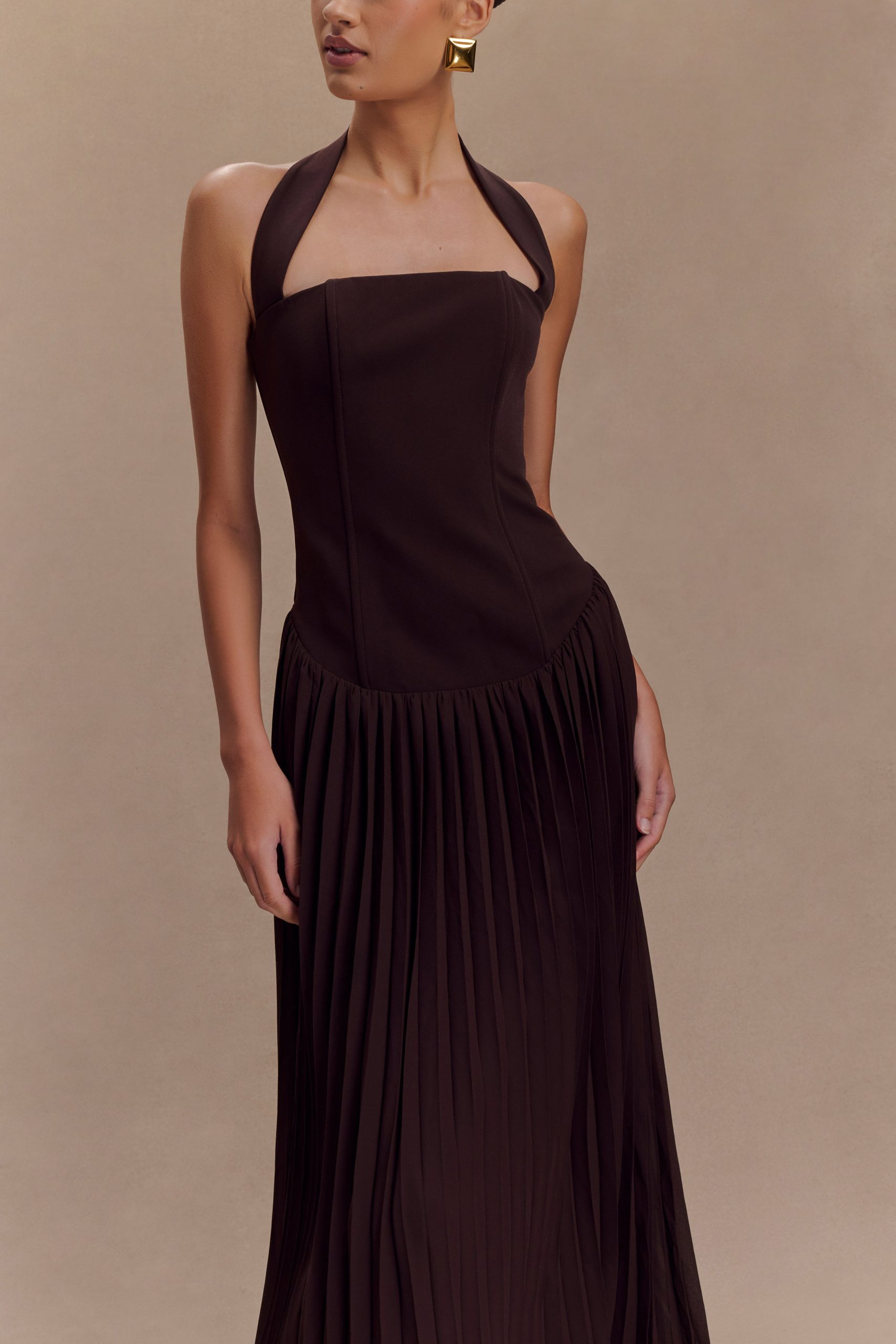 Stacie Pleated Halter Maxi Dress - Cacao - Image 3
