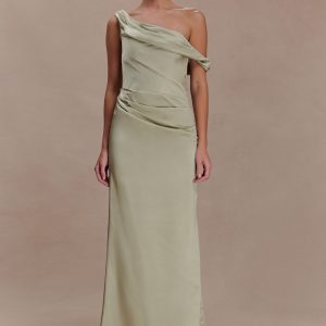 Dalia Off Shoulder Satin Maxi Dress - Sage