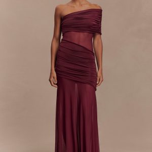 Dallas One Shoulder Mesh Maxi Dress - Burgundy