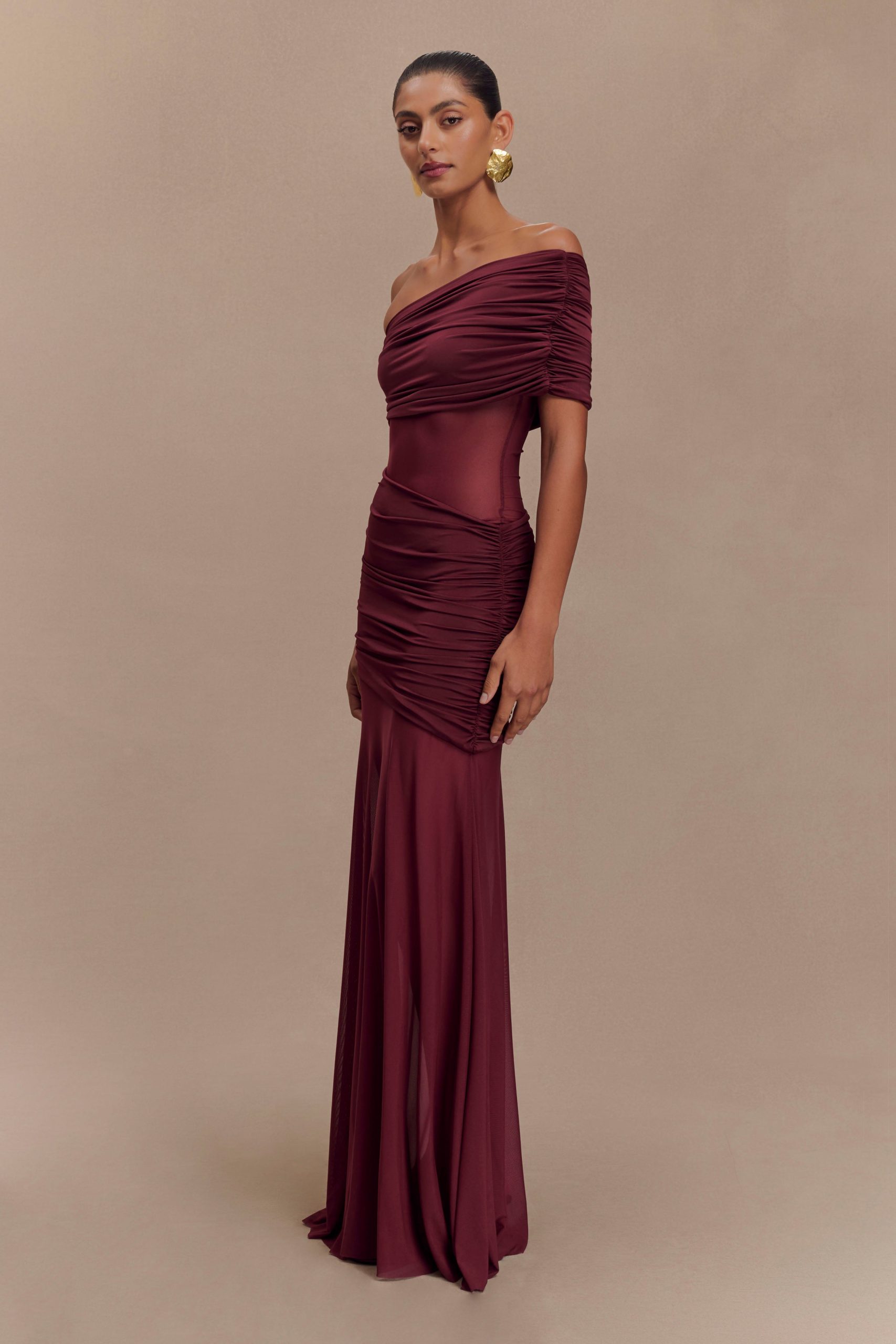 Dallas One Shoulder Mesh Maxi Dress - Burgundy - Image 4