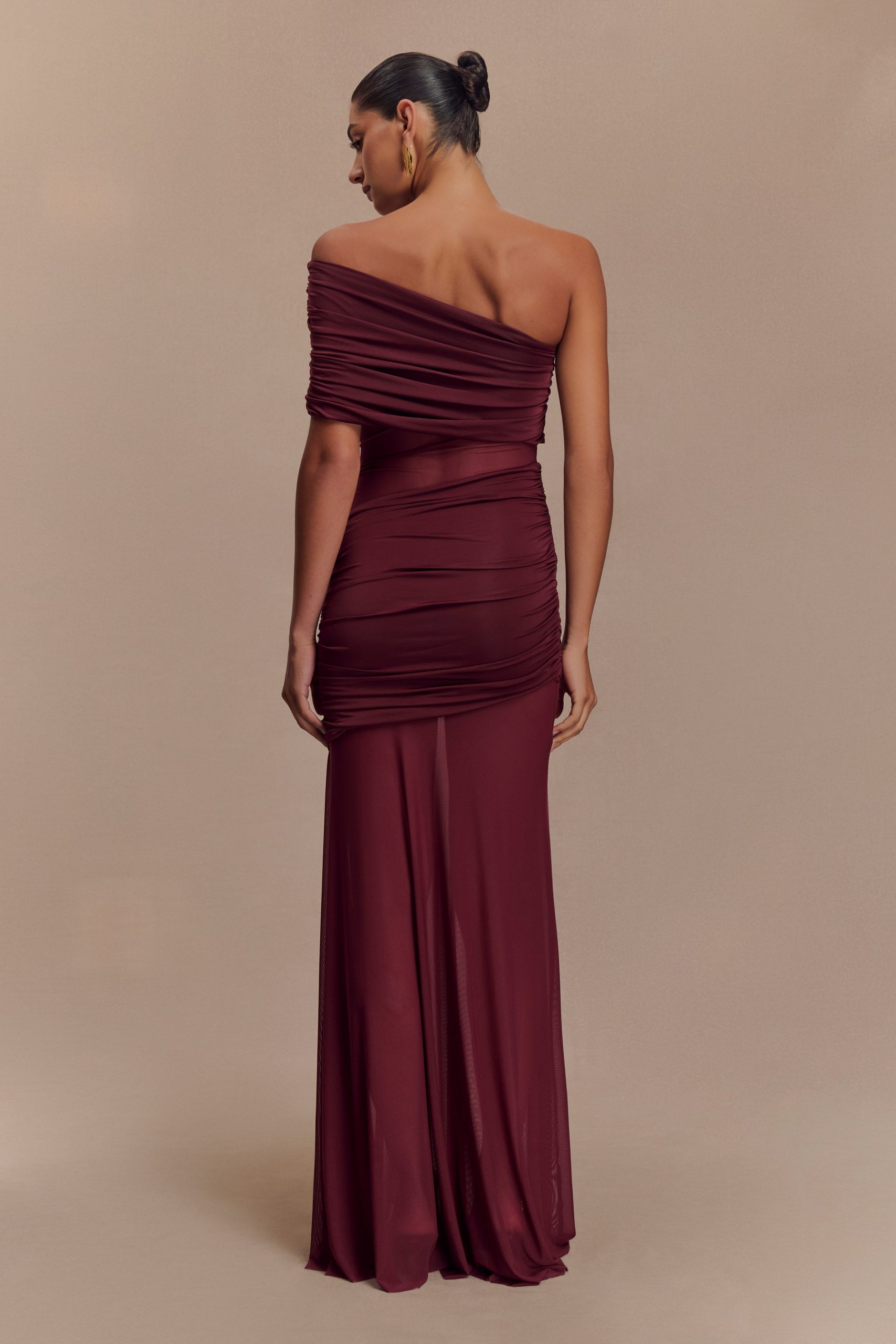 Dallas One Shoulder Mesh Maxi Dress - Burgundy - Image 2
