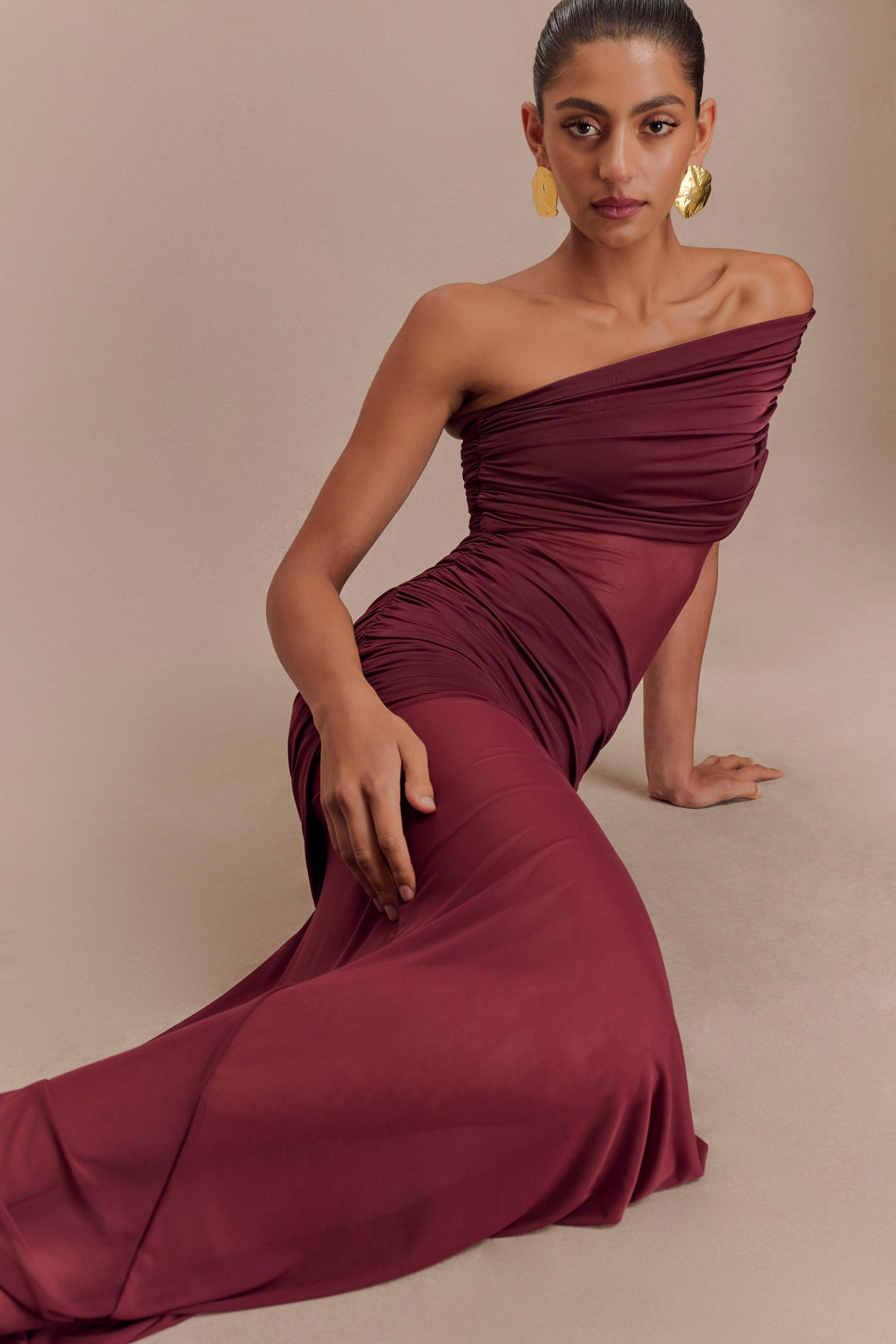 Dallas One Shoulder Mesh Maxi Dress - Burgundy - Image 6