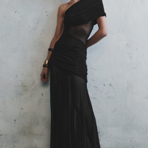 Dallas One Shoulder Mesh Maxi Dress - Black