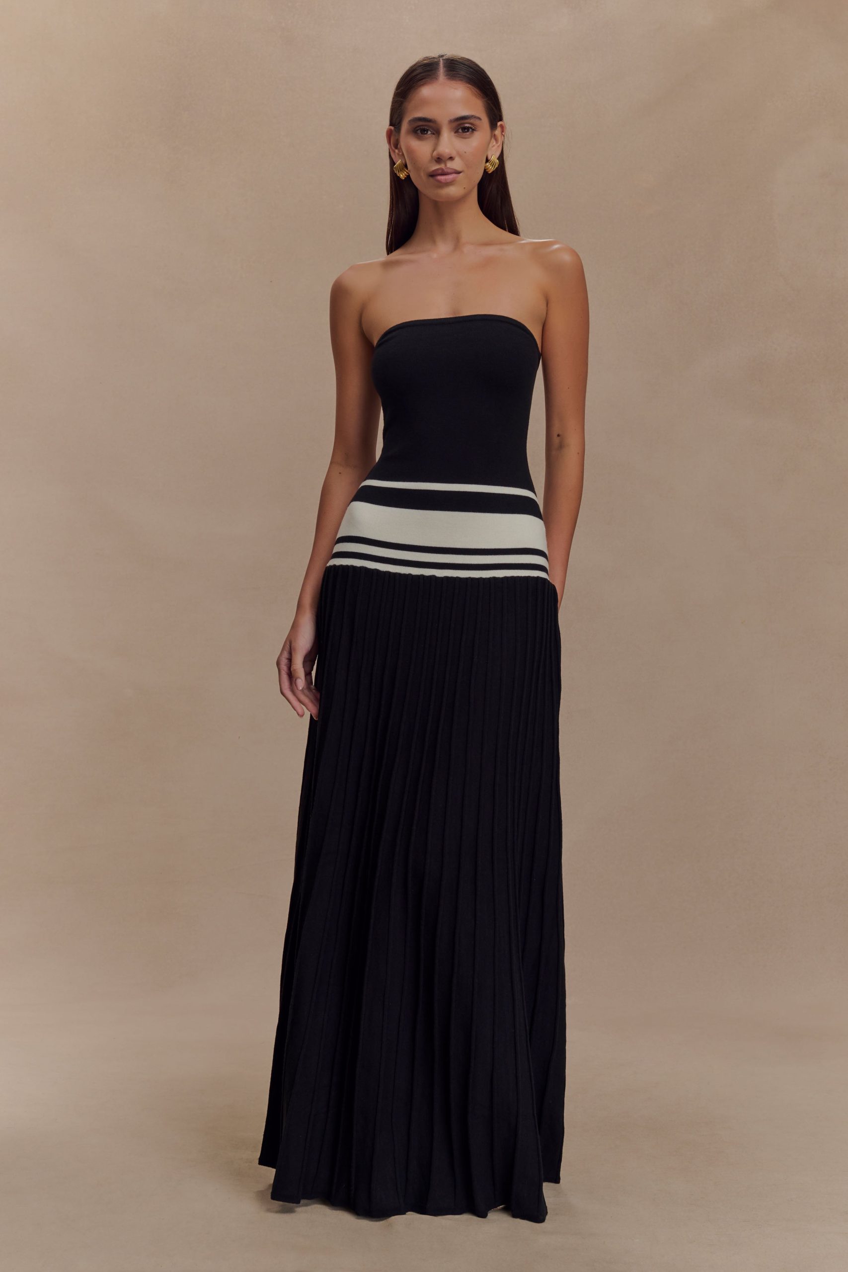 Solaris Strapless Contrast Knit Maxi Dress - Black/White - Image 2