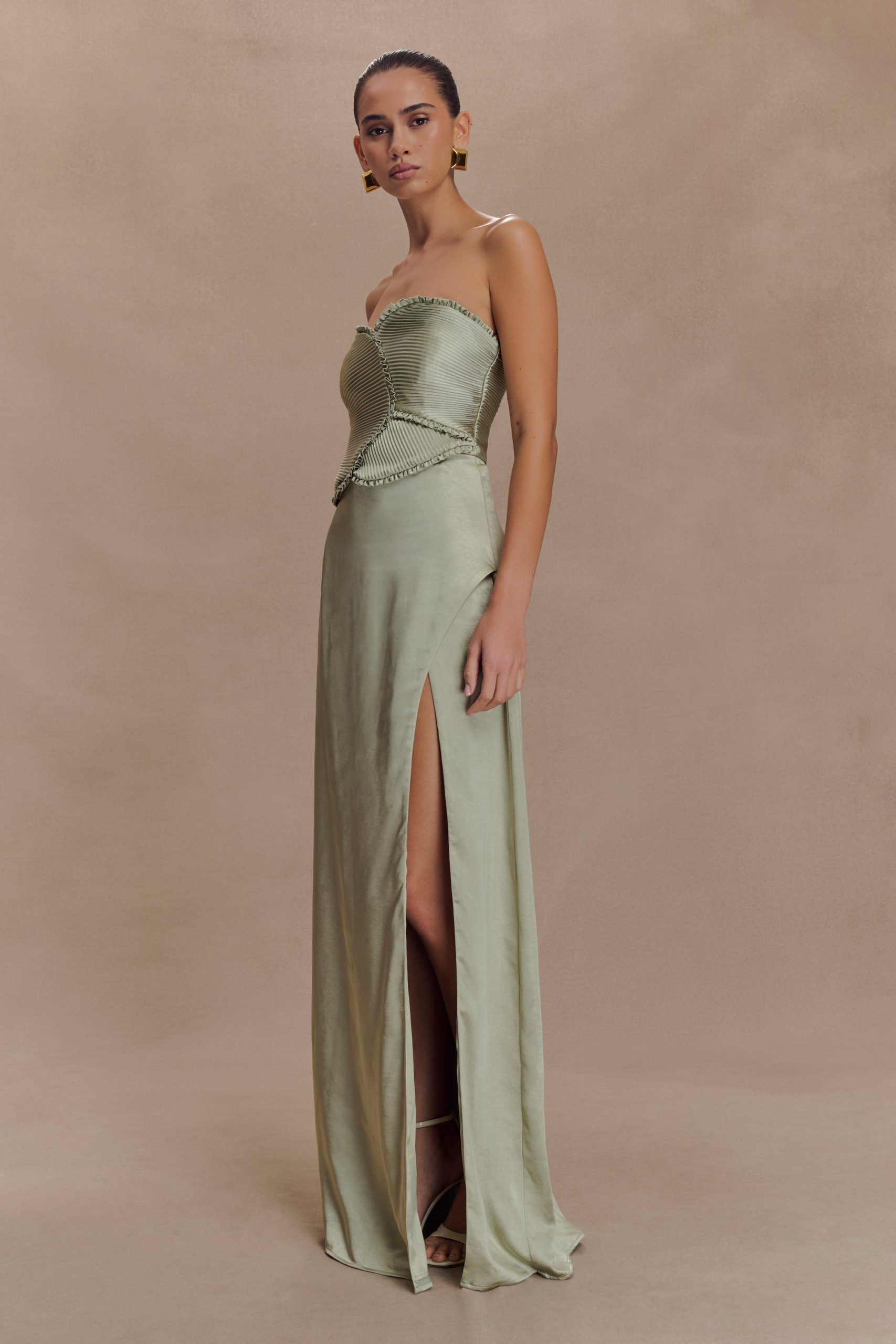 Larissa Satin Maxi Dress With Ruched Petals - Sage - Image 4