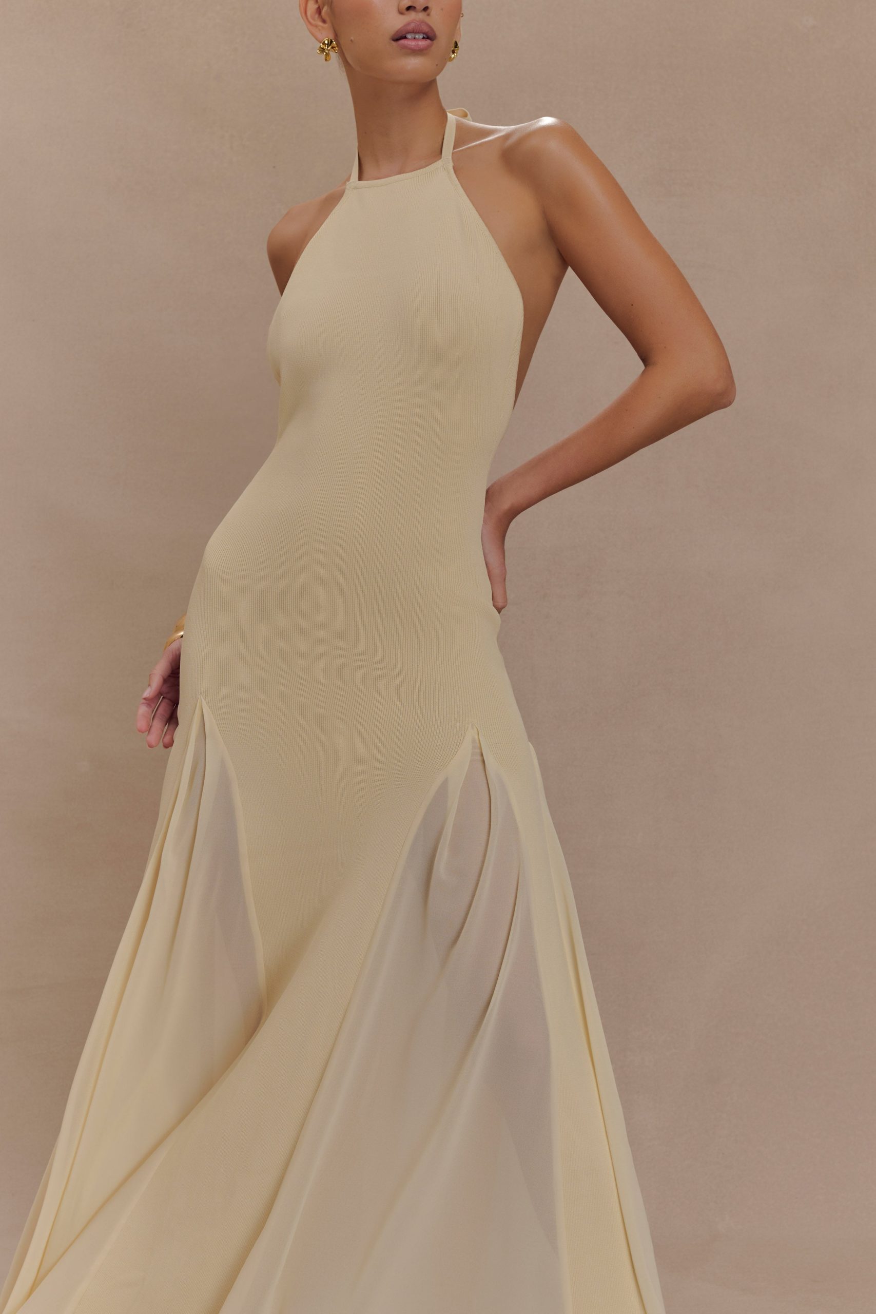 Soleil Knit And Mesh Halter Maxi Dress - Cream - Image 3