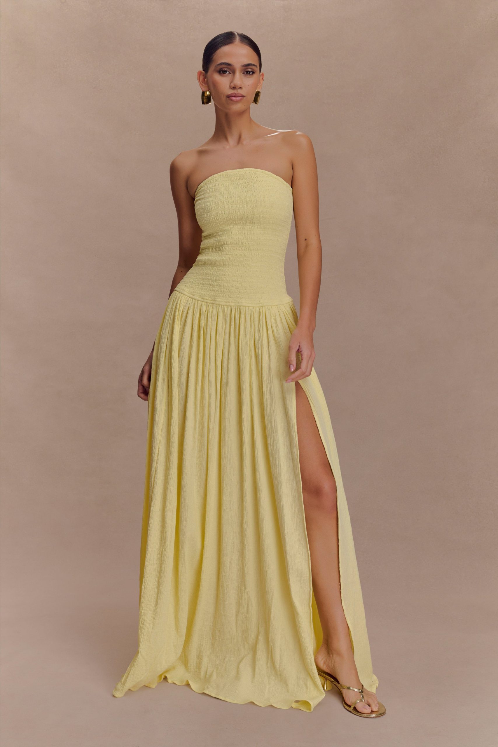 Maureen Cotton Shirring Maxi Dress - Lemon - Image 4