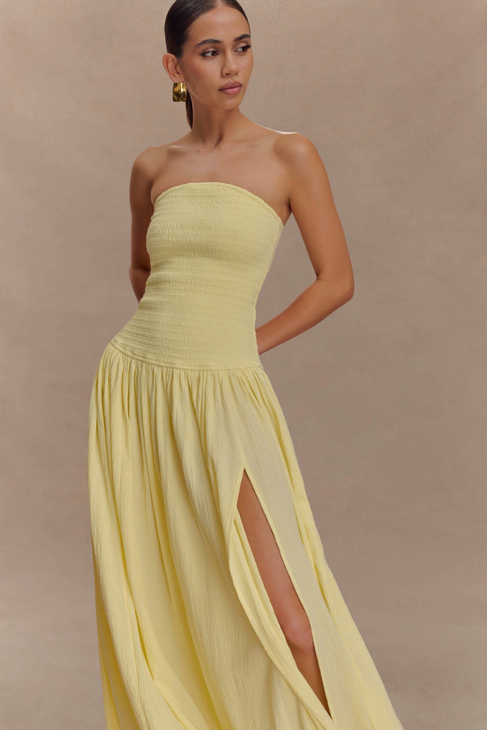 Maureen Cotton Shirring Maxi Dress - Lemon - Image 3