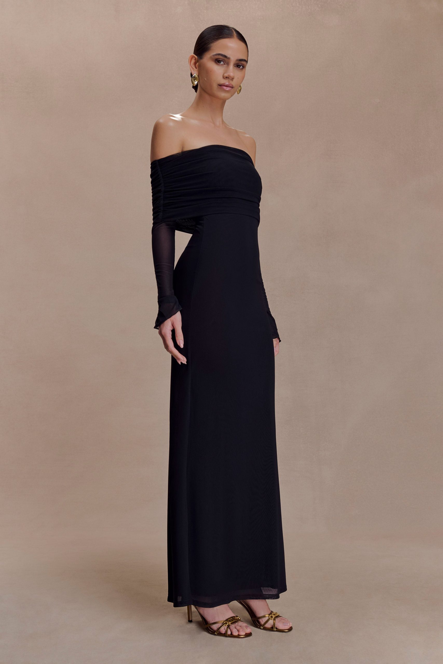 Josie Off Shoulder Mesh Maxi Dress - Black - Image 5