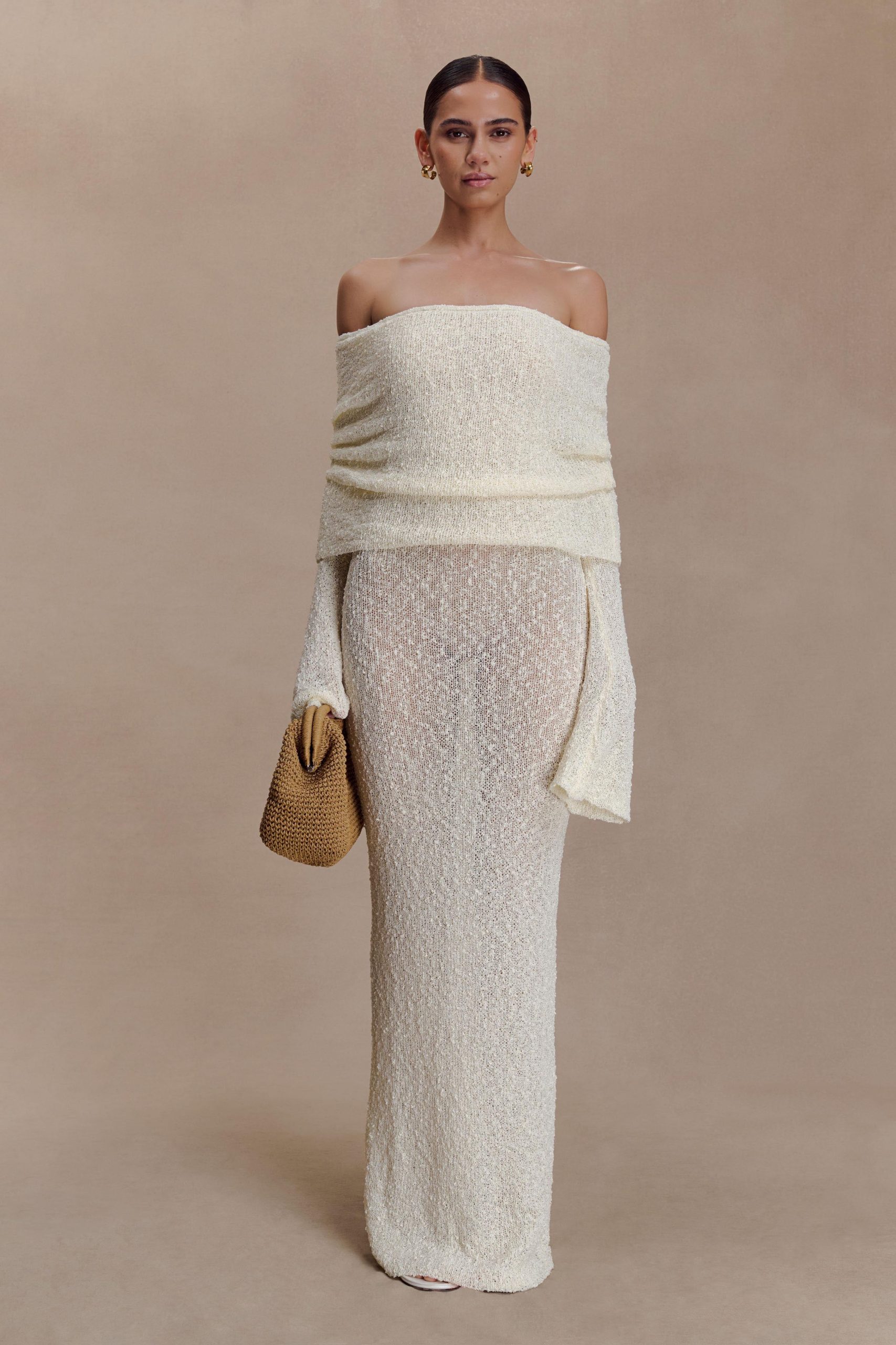 Marisol Off Shoulder Boucle Maxi Dress - Ivory - Image 4
