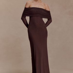 Josie Off Shoulder Mesh Maxi Dress - Dark Brown