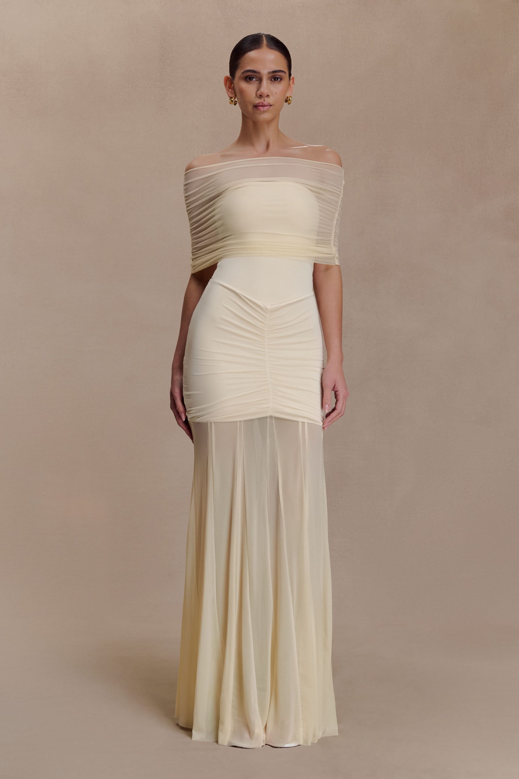 Caspian Slinky And Mesh Off Shoulder Maxi Dress - Ivory - Image 2