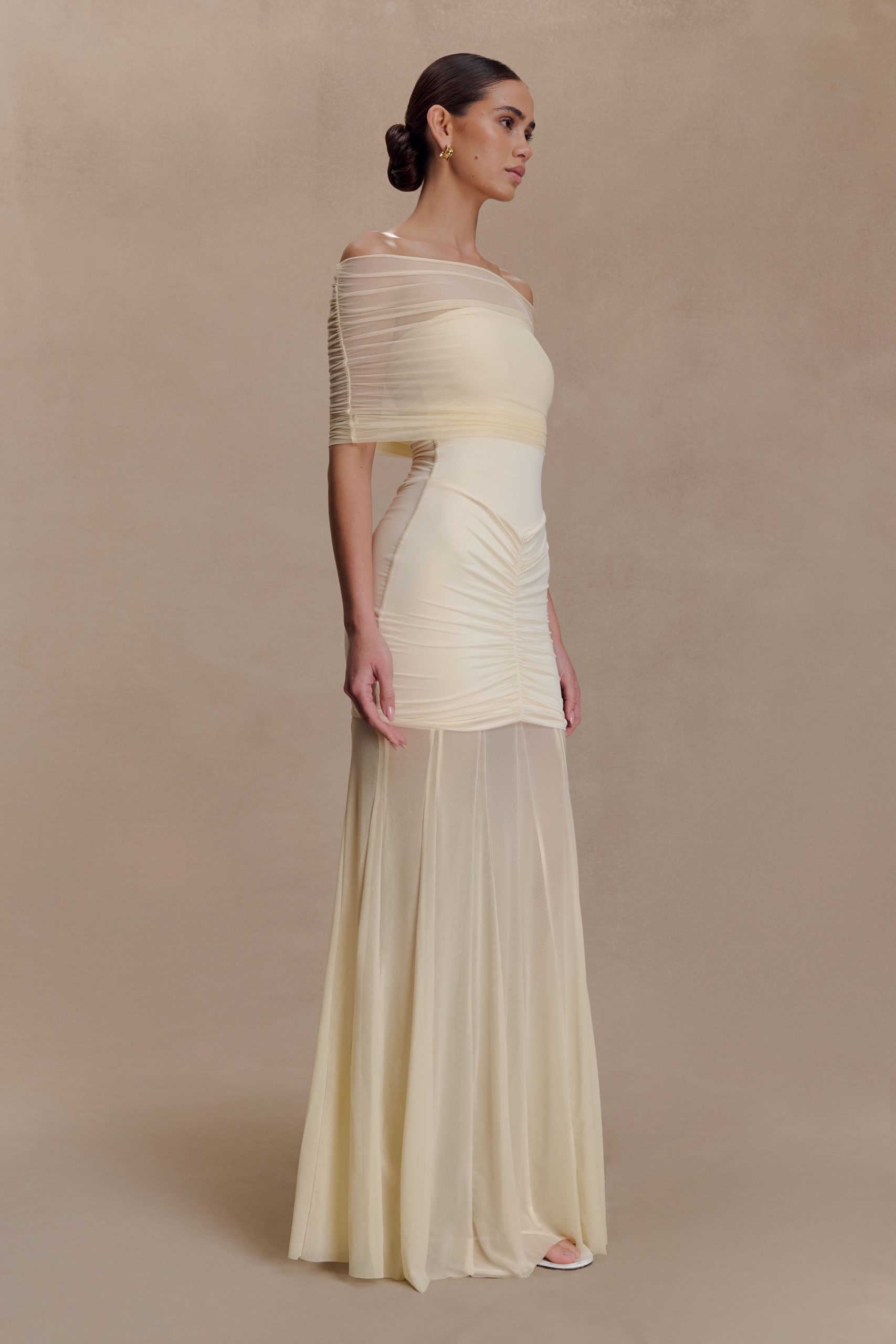 Caspian Slinky And Mesh Off Shoulder Maxi Dress - Ivory - Image 5