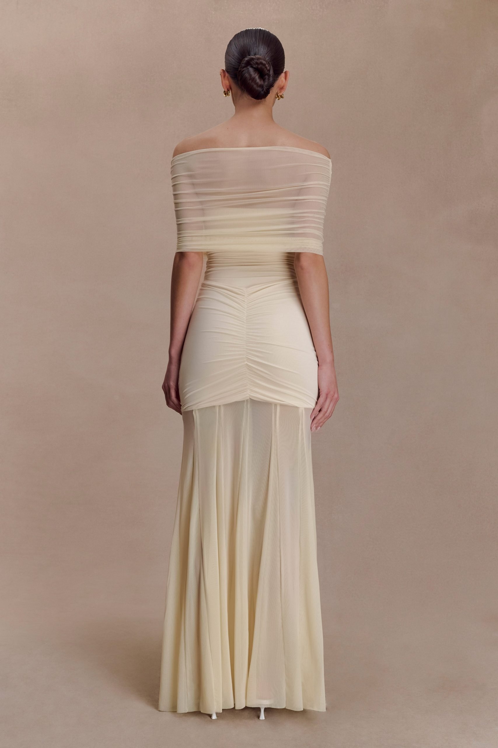 Caspian Slinky And Mesh Off Shoulder Maxi Dress - Ivory - Image 4