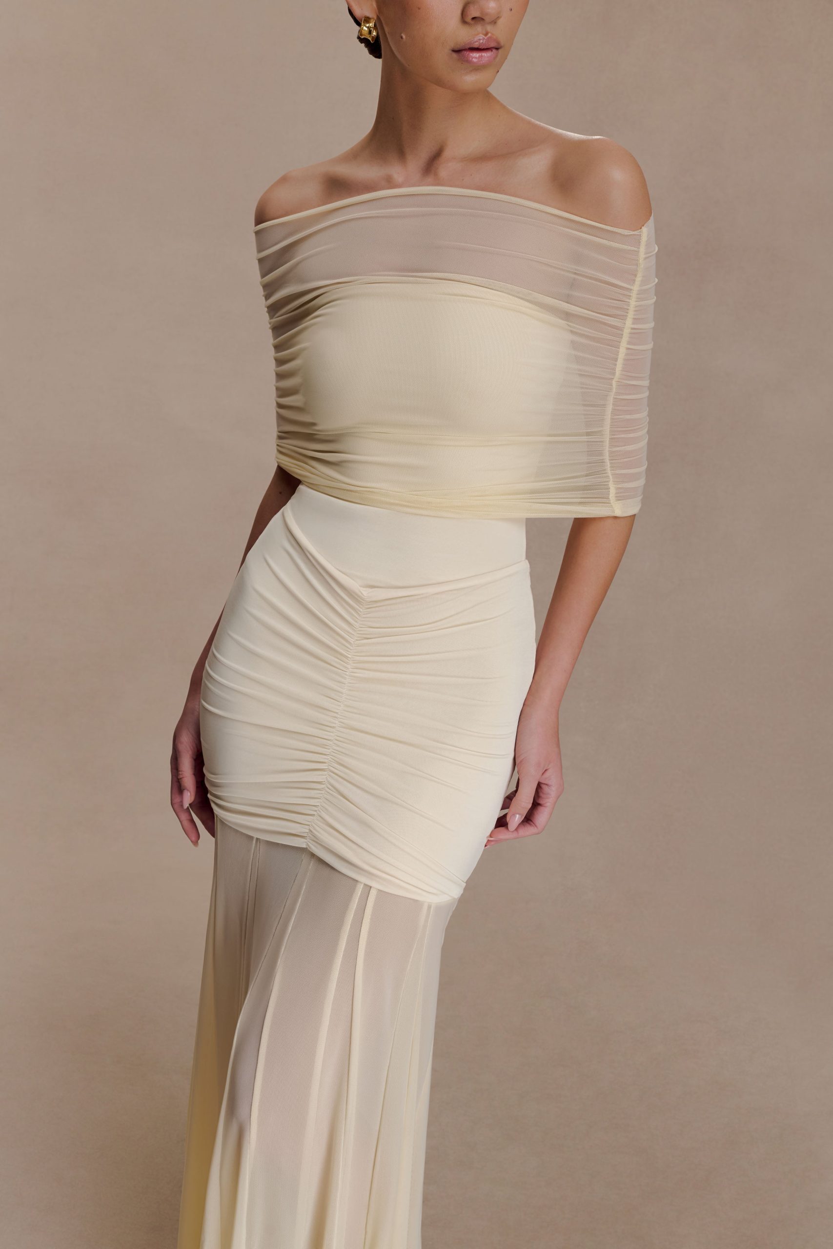Caspian Slinky And Mesh Off Shoulder Maxi Dress - Ivory - Image 3
