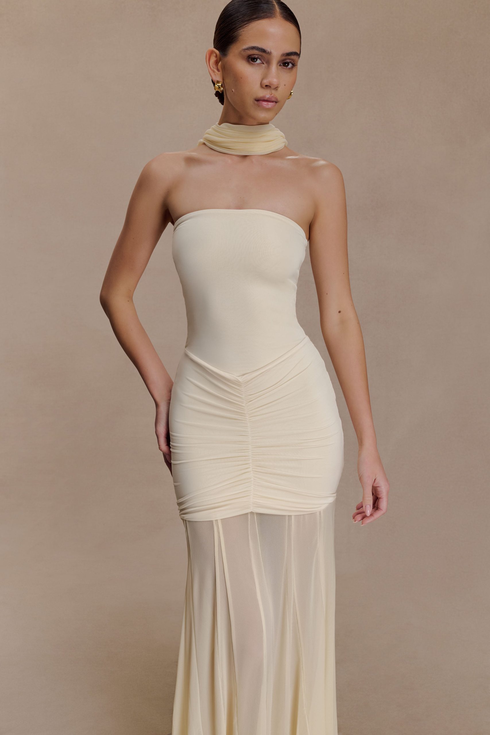 Caspian Slinky And Mesh Off Shoulder Maxi Dress - Ivory - Image 6