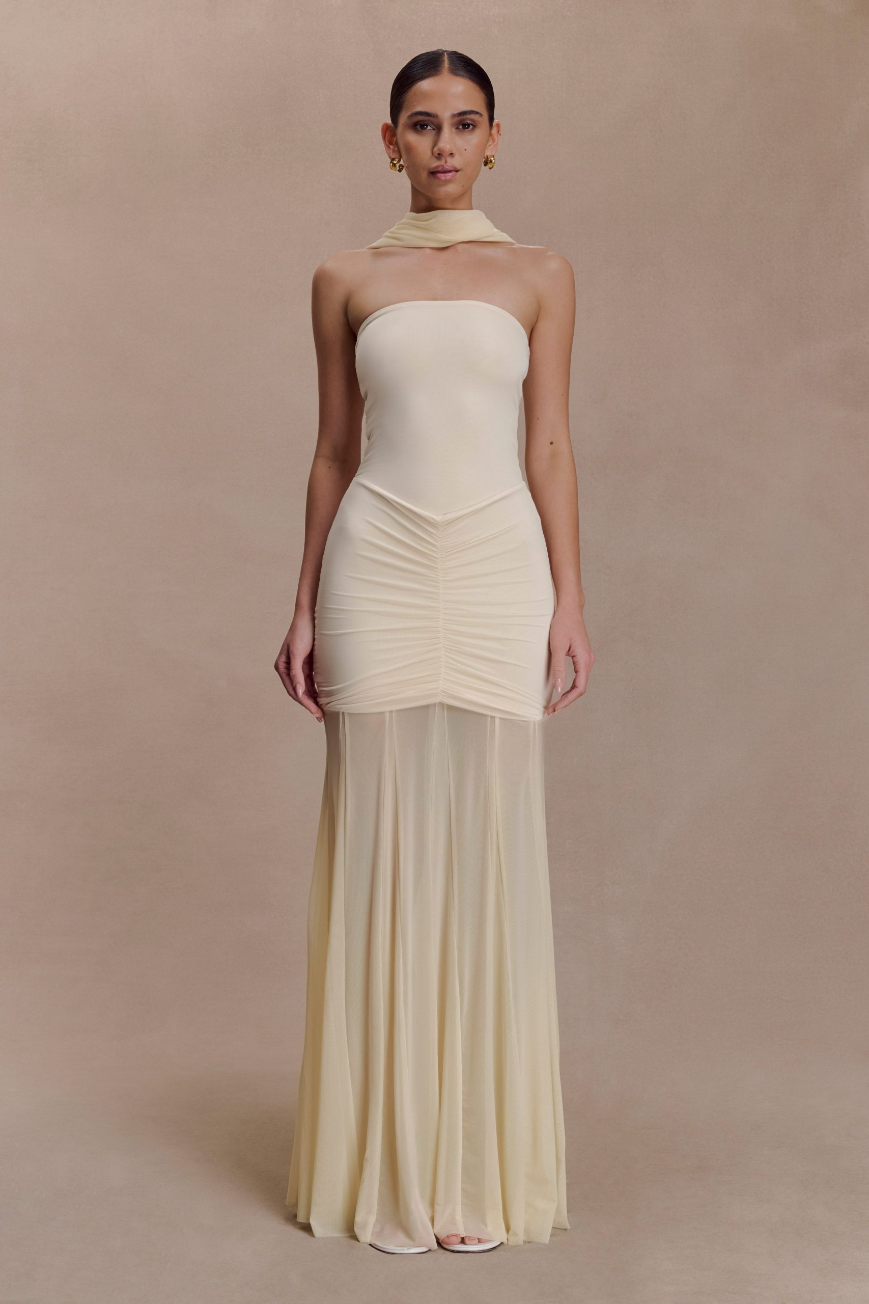 Caspian Slinky And Mesh Off Shoulder Maxi Dress - Ivory - Image 7