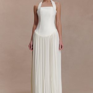Stacie Pleated Halter Maxi Dress - Ivory