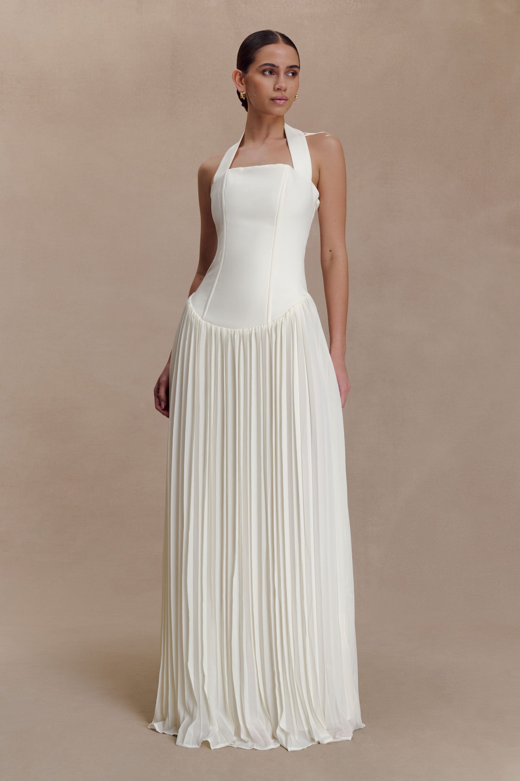 Stacie Pleated Halter Maxi Dress - Ivory - Image 6