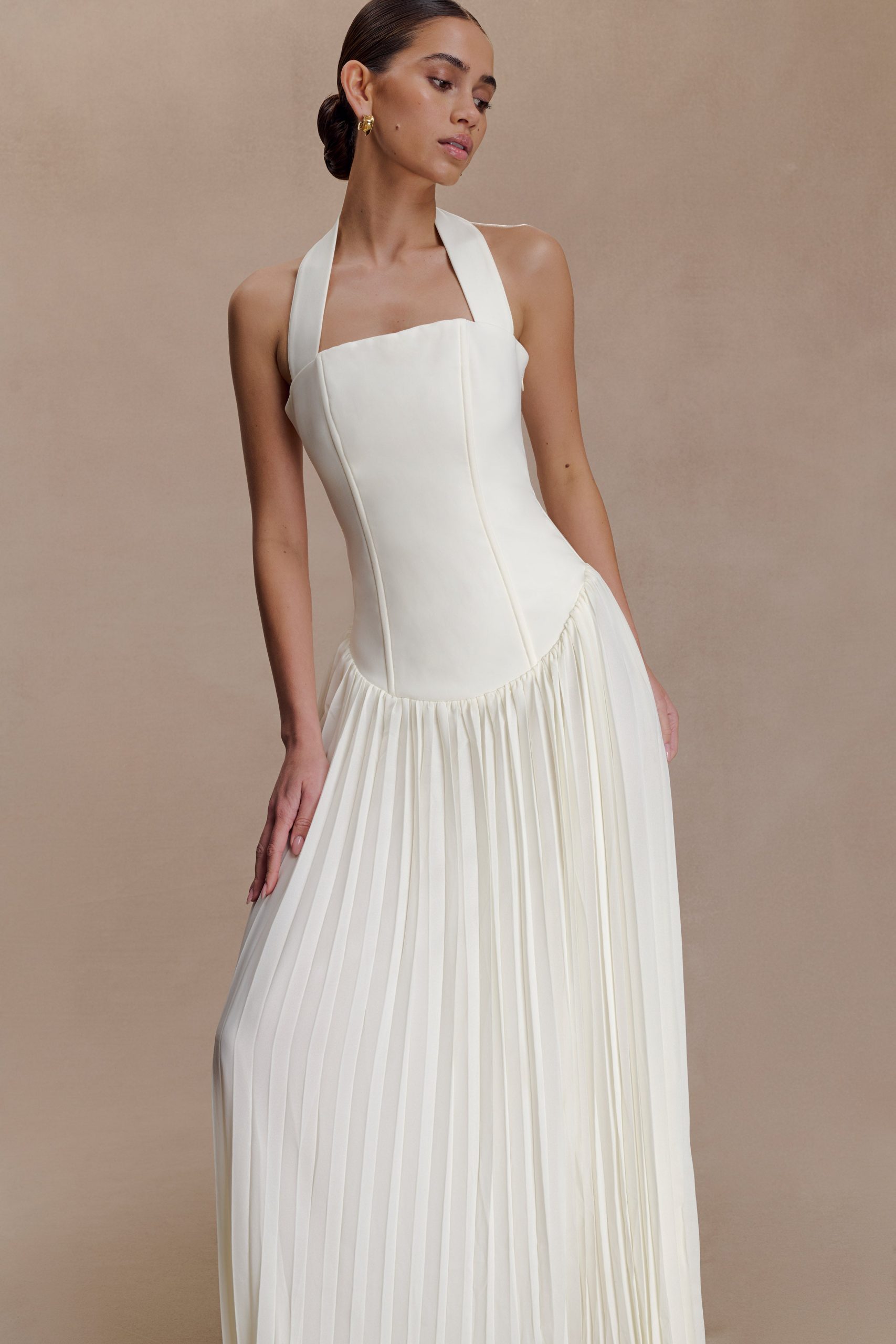 Stacie Pleated Halter Maxi Dress - Ivory - Image 4