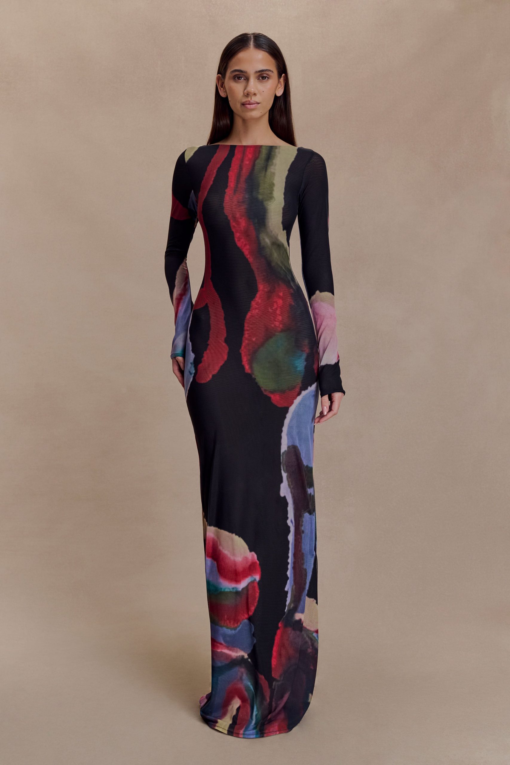 Soraya Long Sleeve Mesh Maxi Dress - Multi Fluid Reverie Print - Image 3