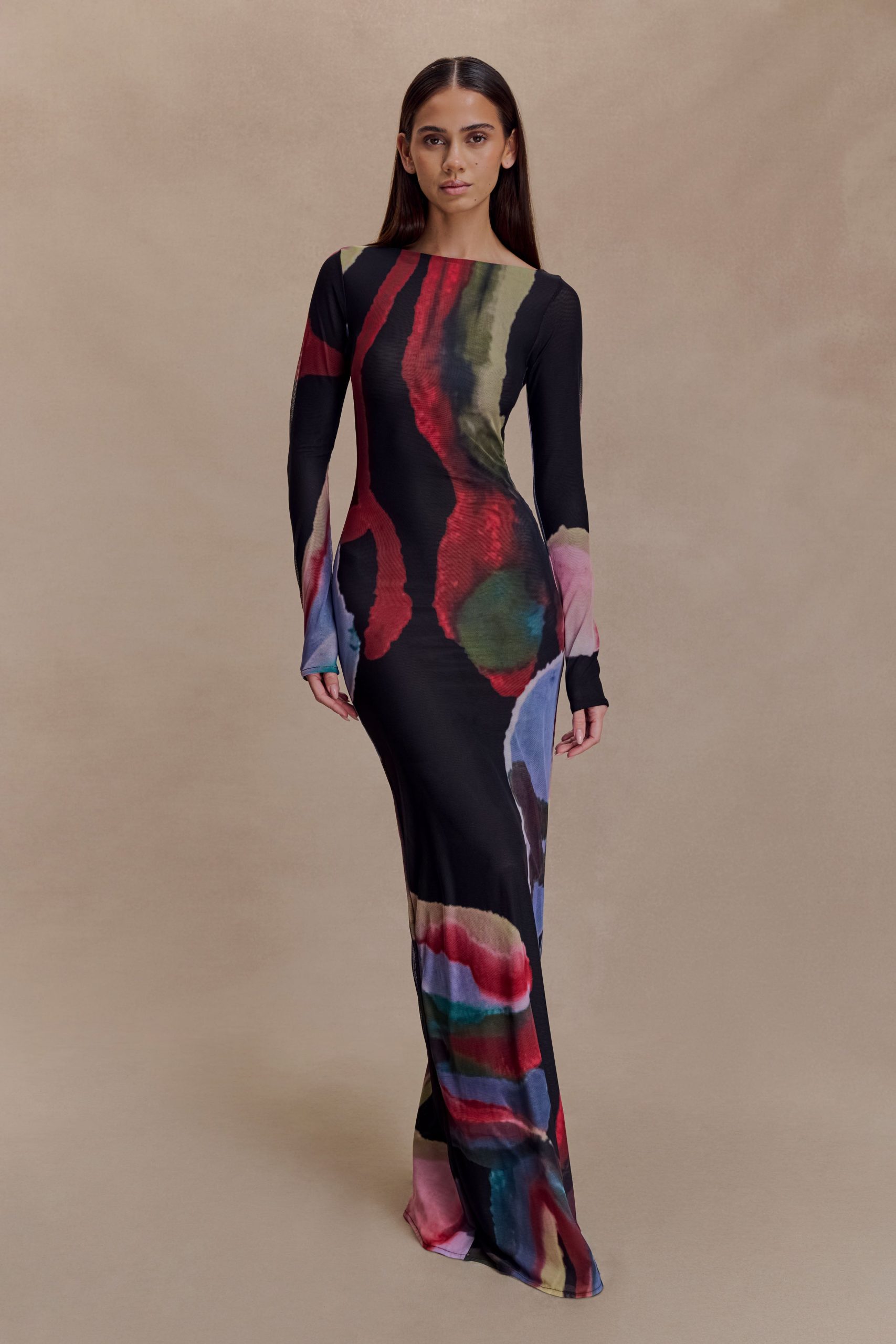 Soraya Long Sleeve Mesh Maxi Dress - Multi Fluid Reverie Print - Image 6