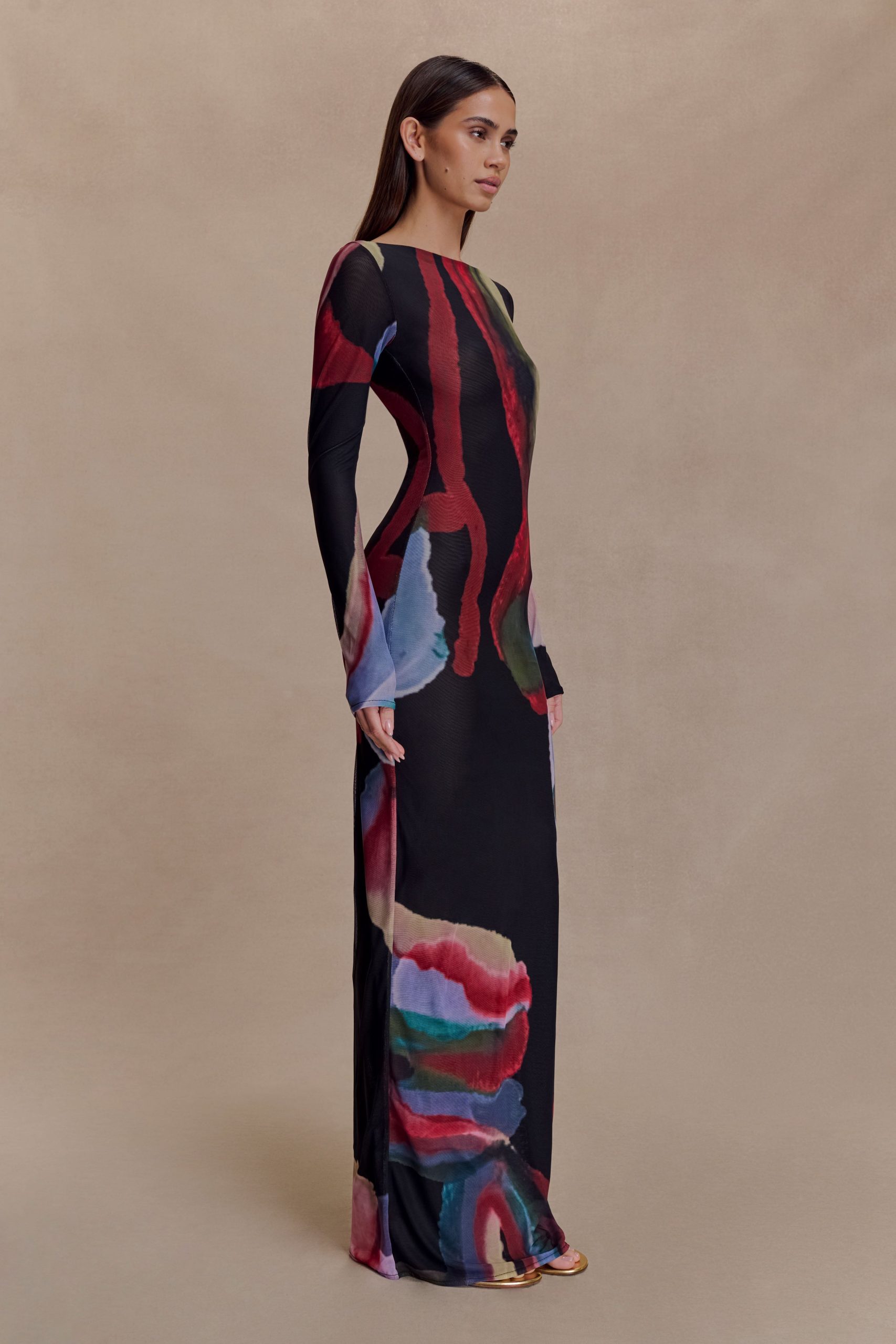 Soraya Long Sleeve Mesh Maxi Dress - Multi Fluid Reverie Print - Image 5