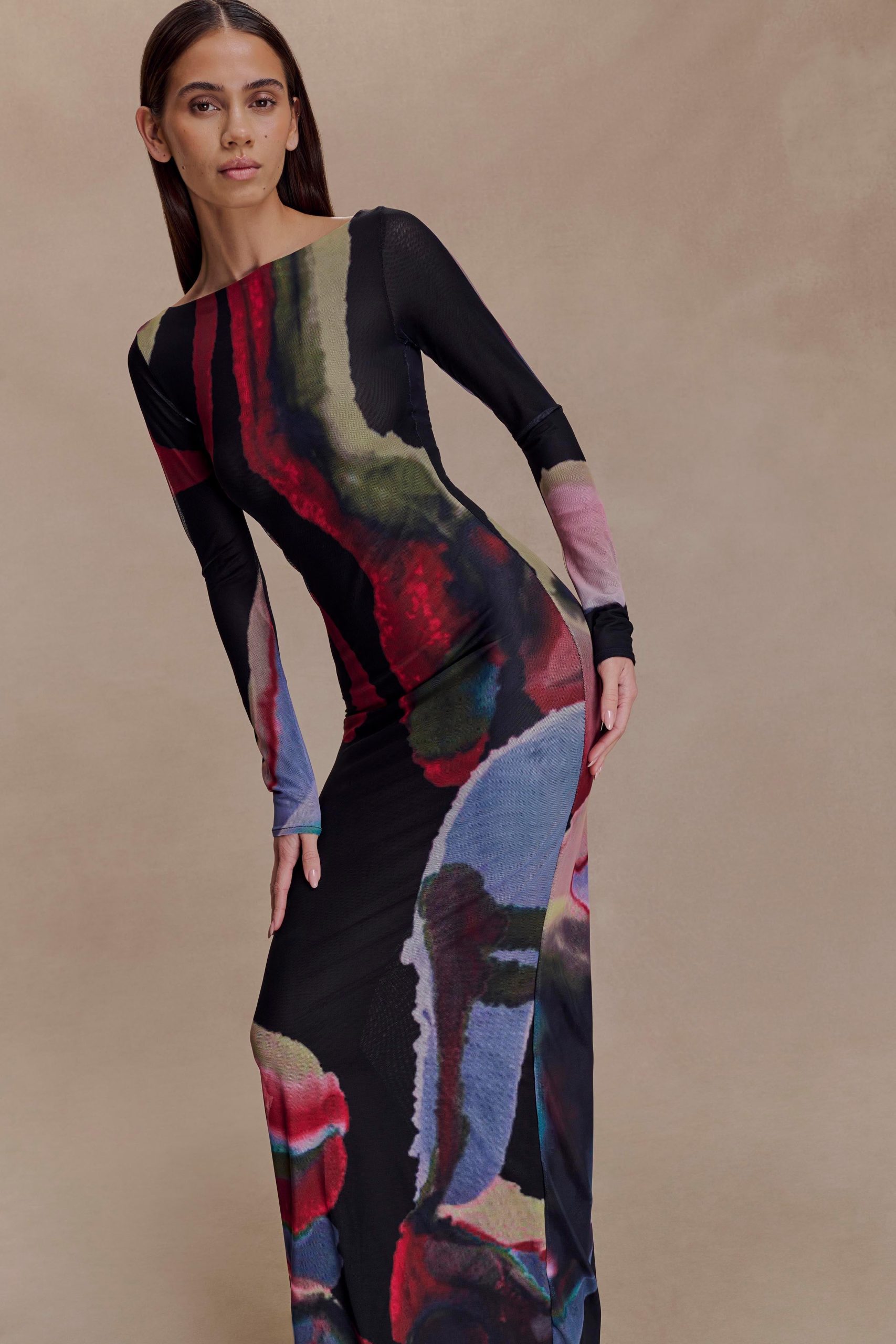 Soraya Long Sleeve Mesh Maxi Dress - Multi Fluid Reverie Print - Image 4