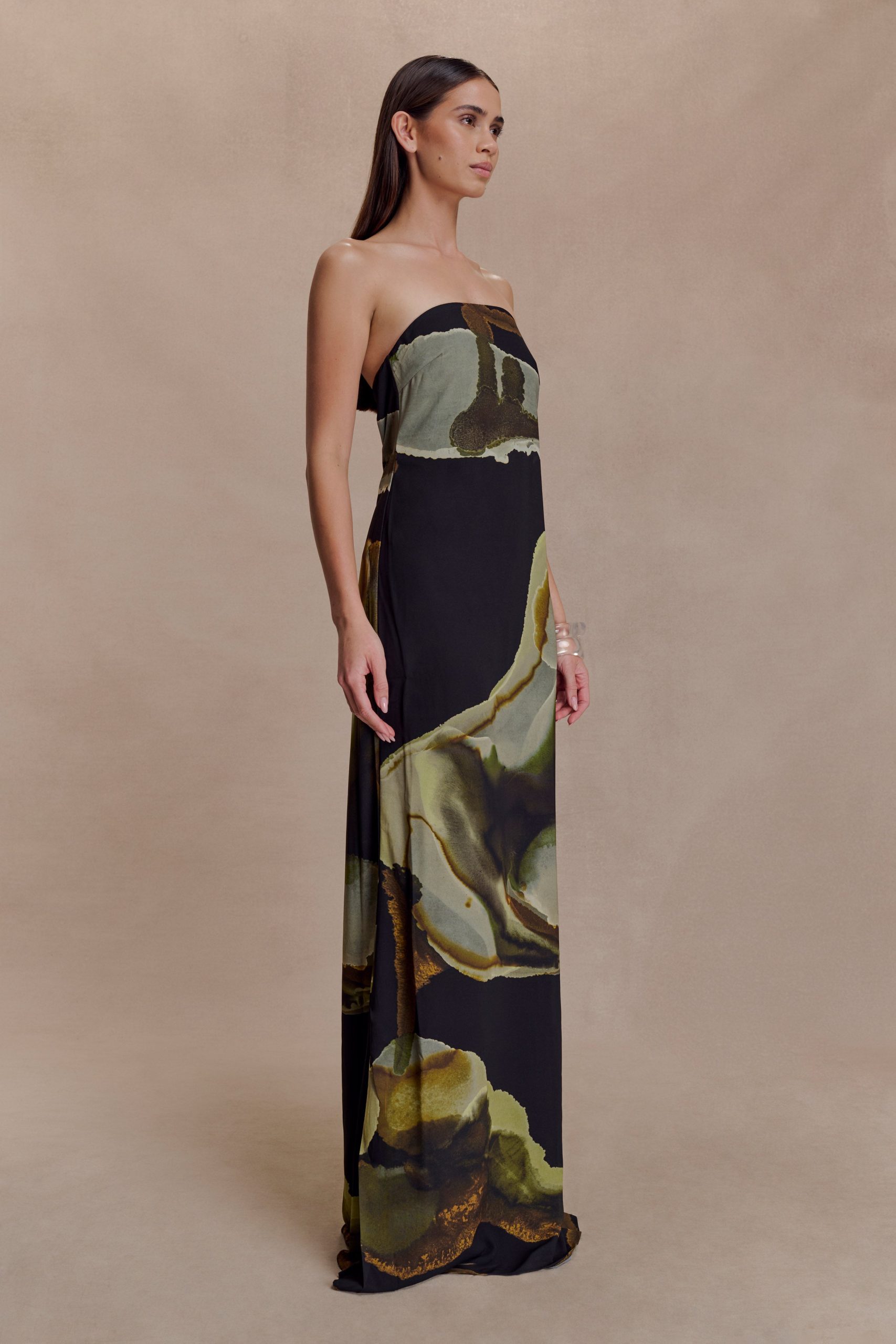 Amaya Strapless Chiffon Maxi Dress - Green Fluid Reverie Print - Image 2