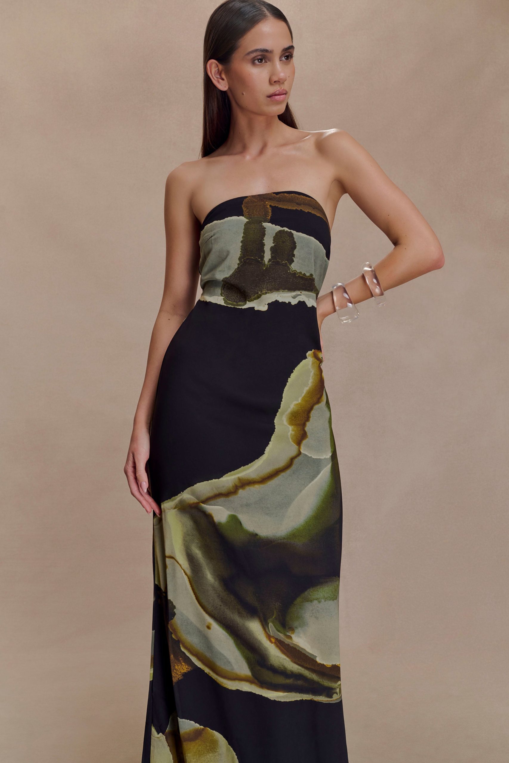 Amaya Strapless Chiffon Maxi Dress - Green Fluid Reverie Print - Image 3