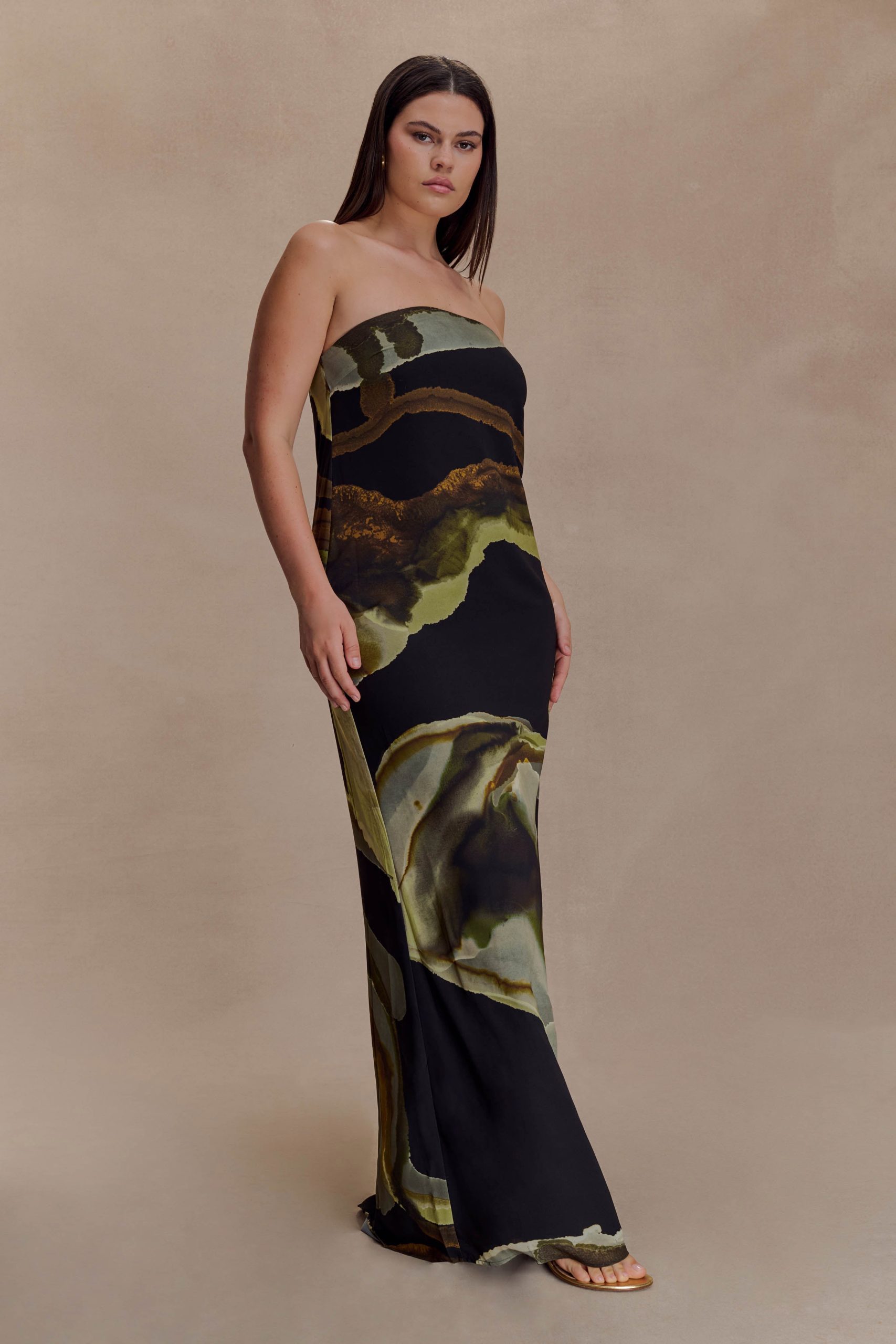 Amaya Strapless Chiffon Maxi Dress - Green Fluid Reverie Print - Image 4