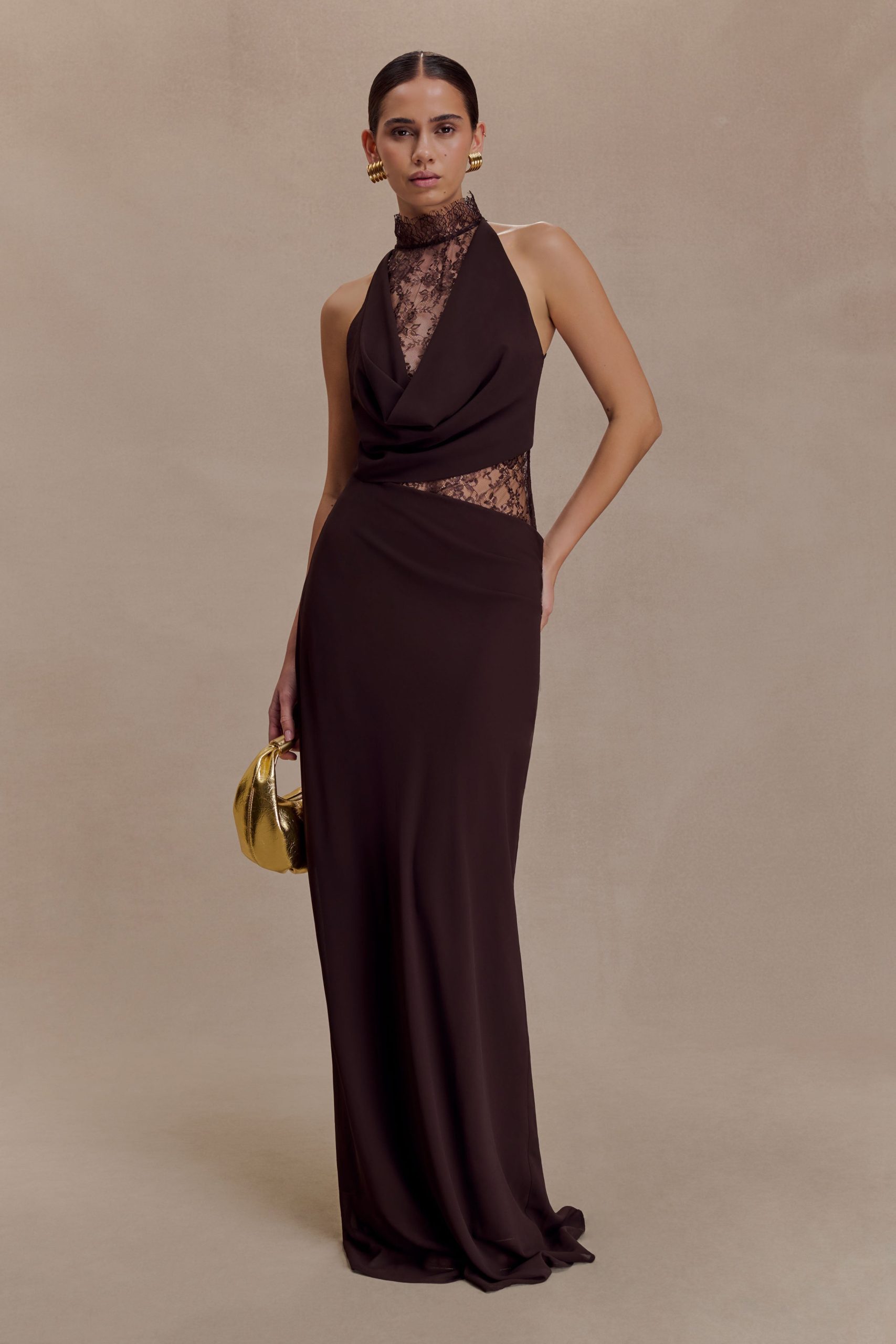 Arra Chiffon And Lace Halter Maxi Dress - Cacao Brown - Image 5