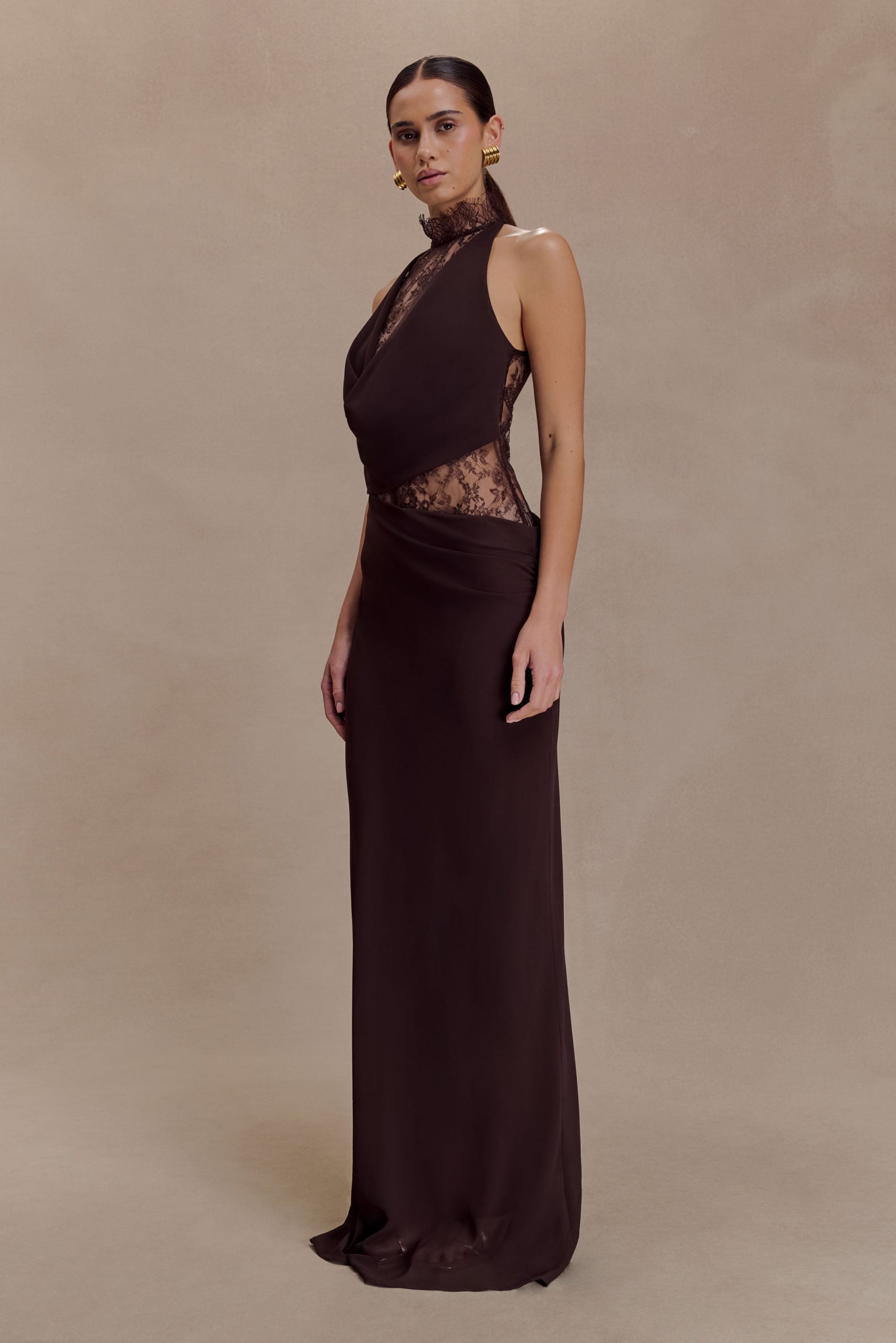 Arra Chiffon And Lace Halter Maxi Dress - Cacao Brown - Image 4