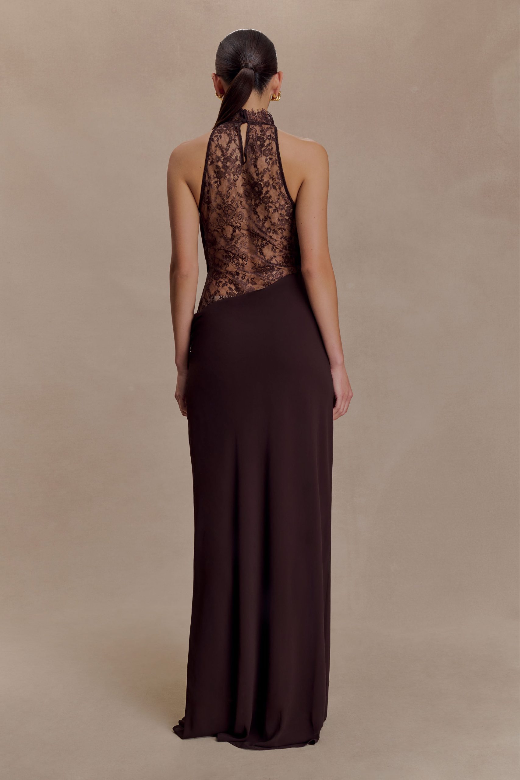 Arra Chiffon And Lace Halter Maxi Dress - Cacao Brown - Image 2