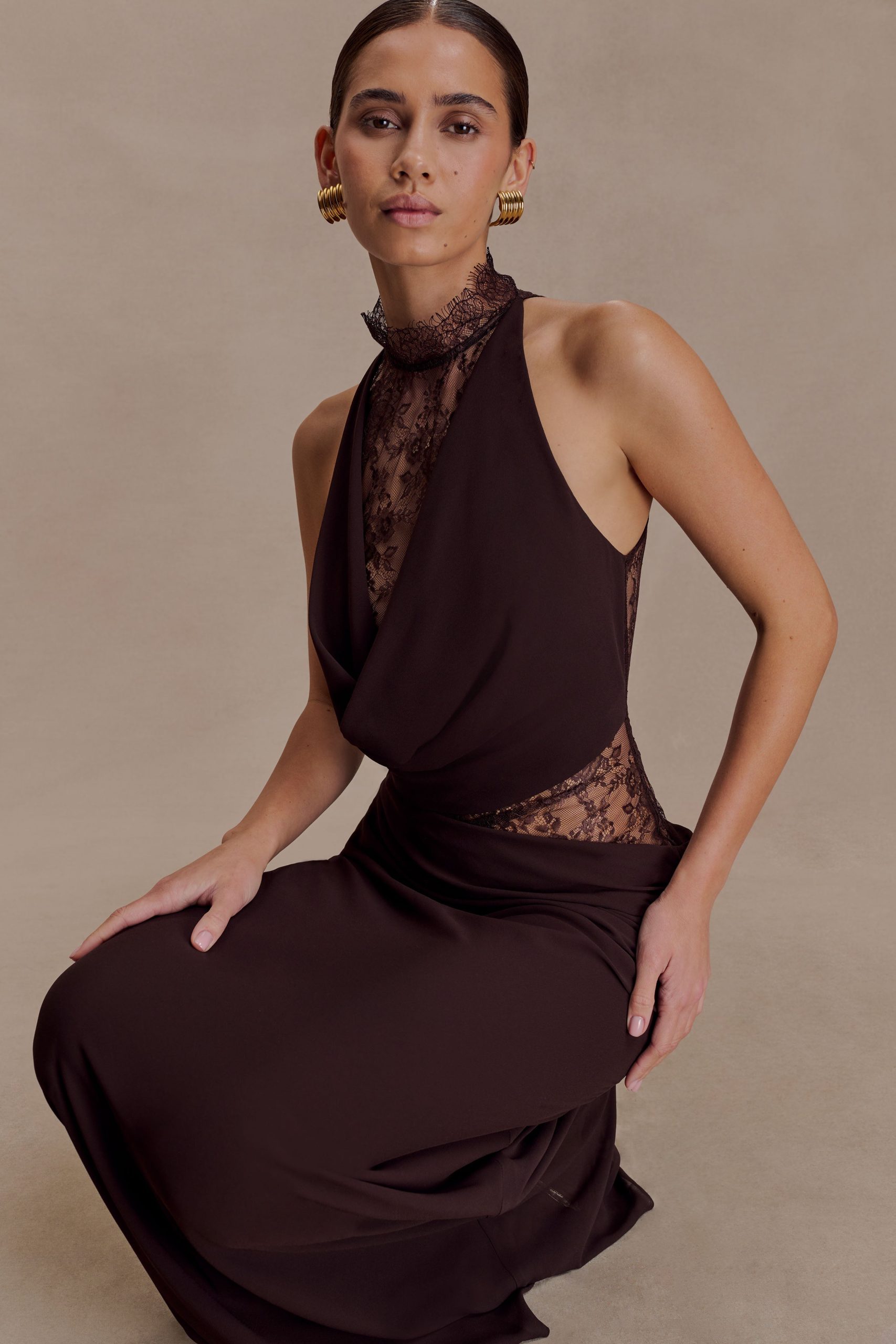Arra Chiffon And Lace Halter Maxi Dress - Cacao Brown - Image 6