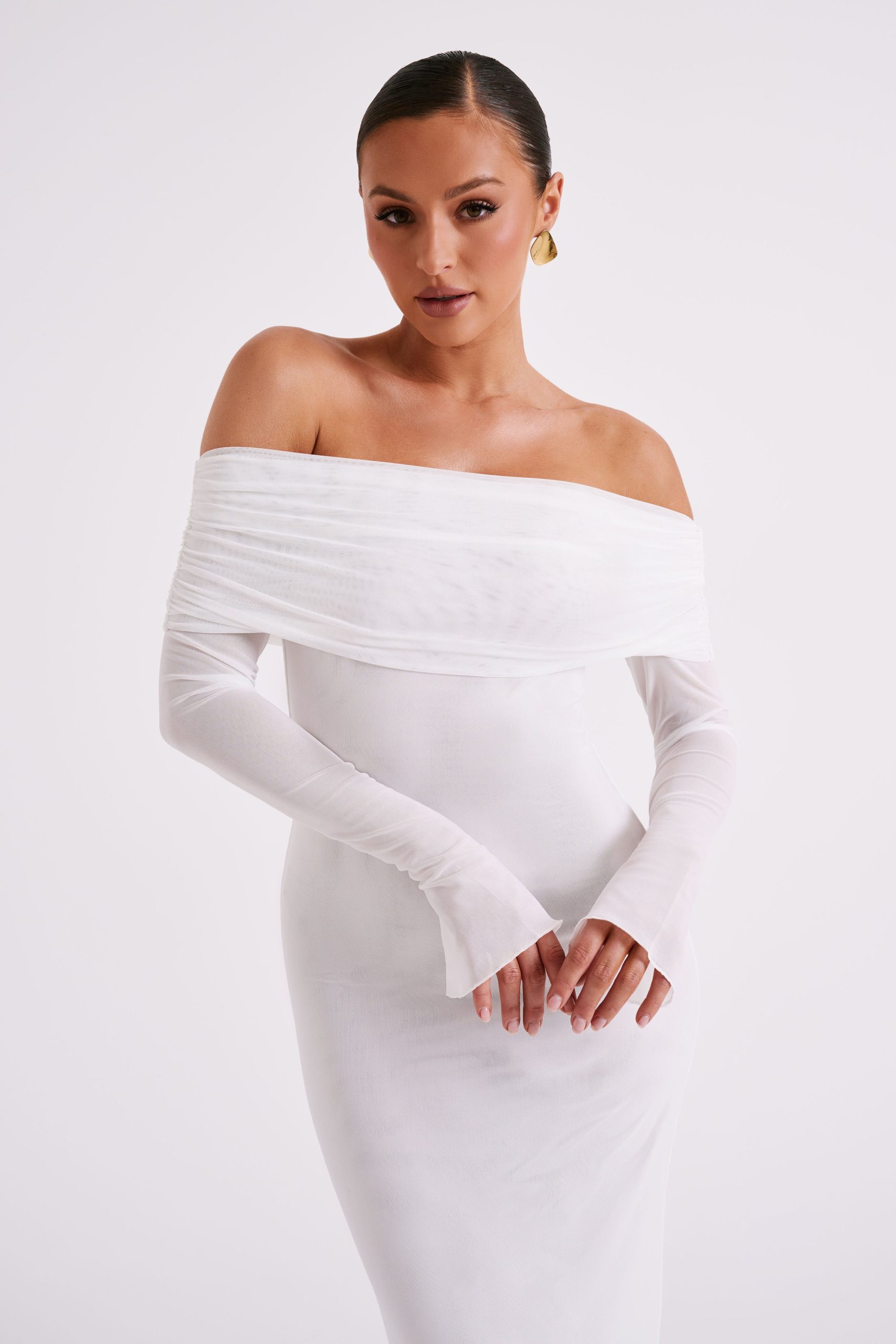 Josie Off Shoulder Mesh Maxi Dress - Ivory - Image 7