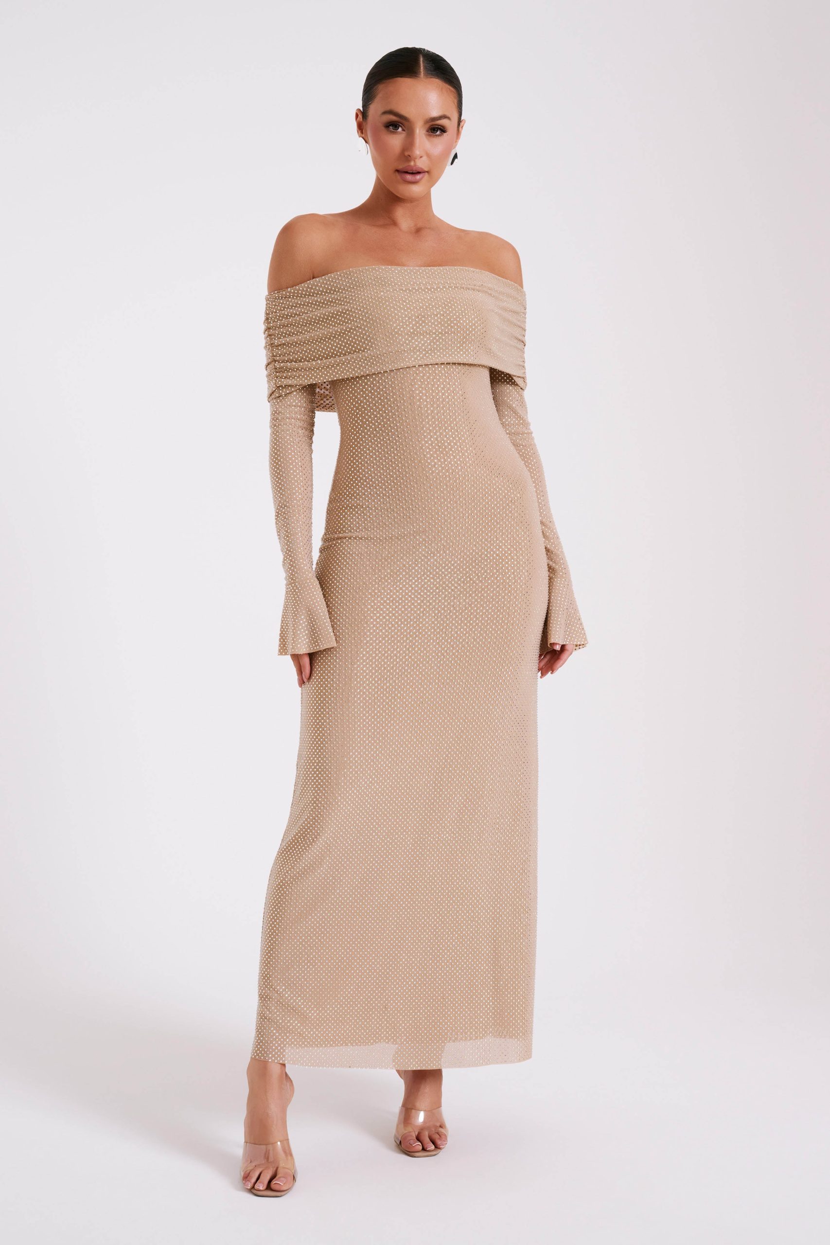 Marcel Off Shoulder Diamante Maxi Dress - Nude - Image 5
