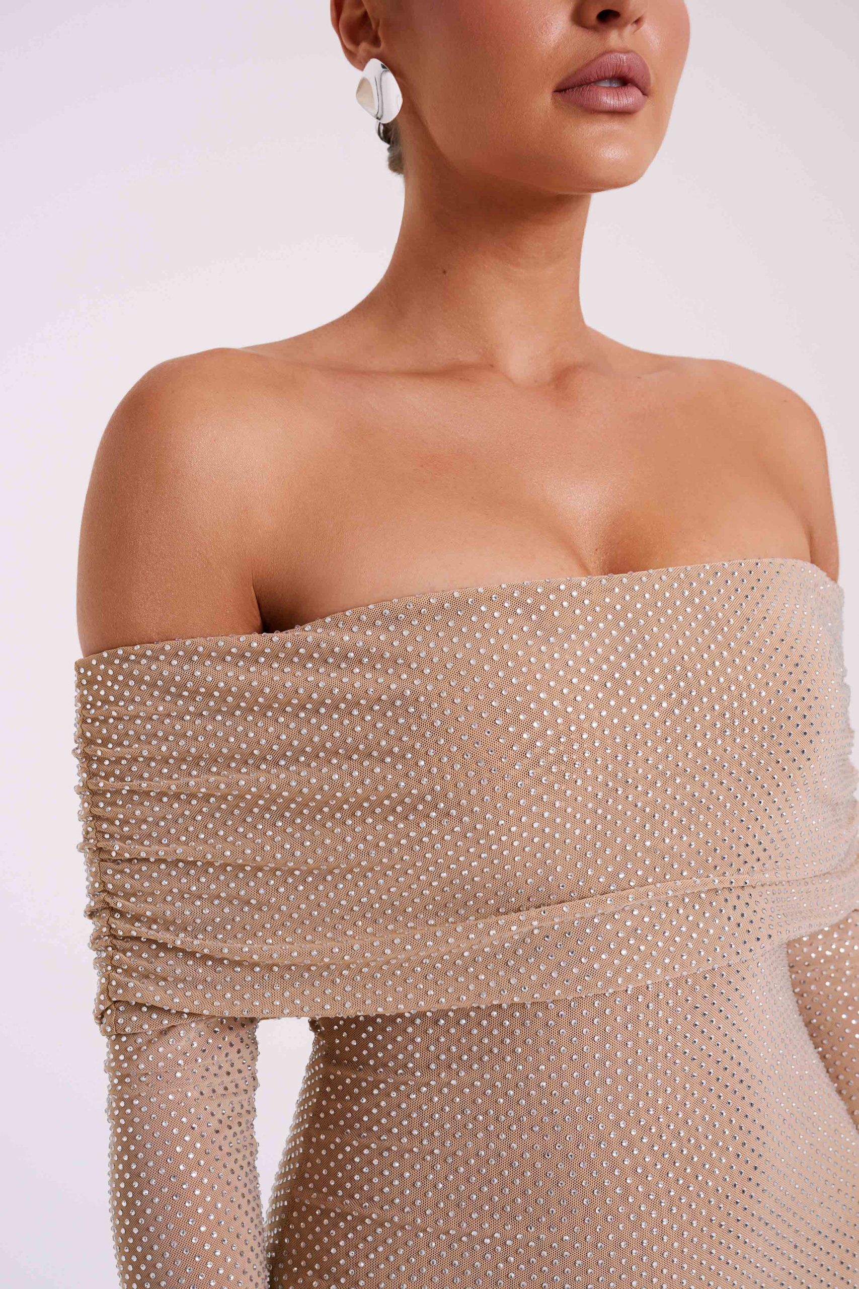 Marcel Off Shoulder Diamante Maxi Dress - Nude - Image 10