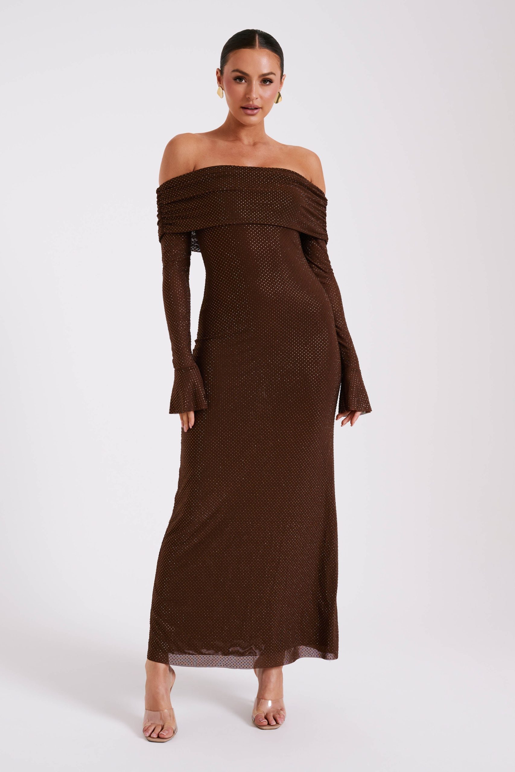 Marcel Off Shoulder Diamante Maxi Dress - Chocolate - Image 6