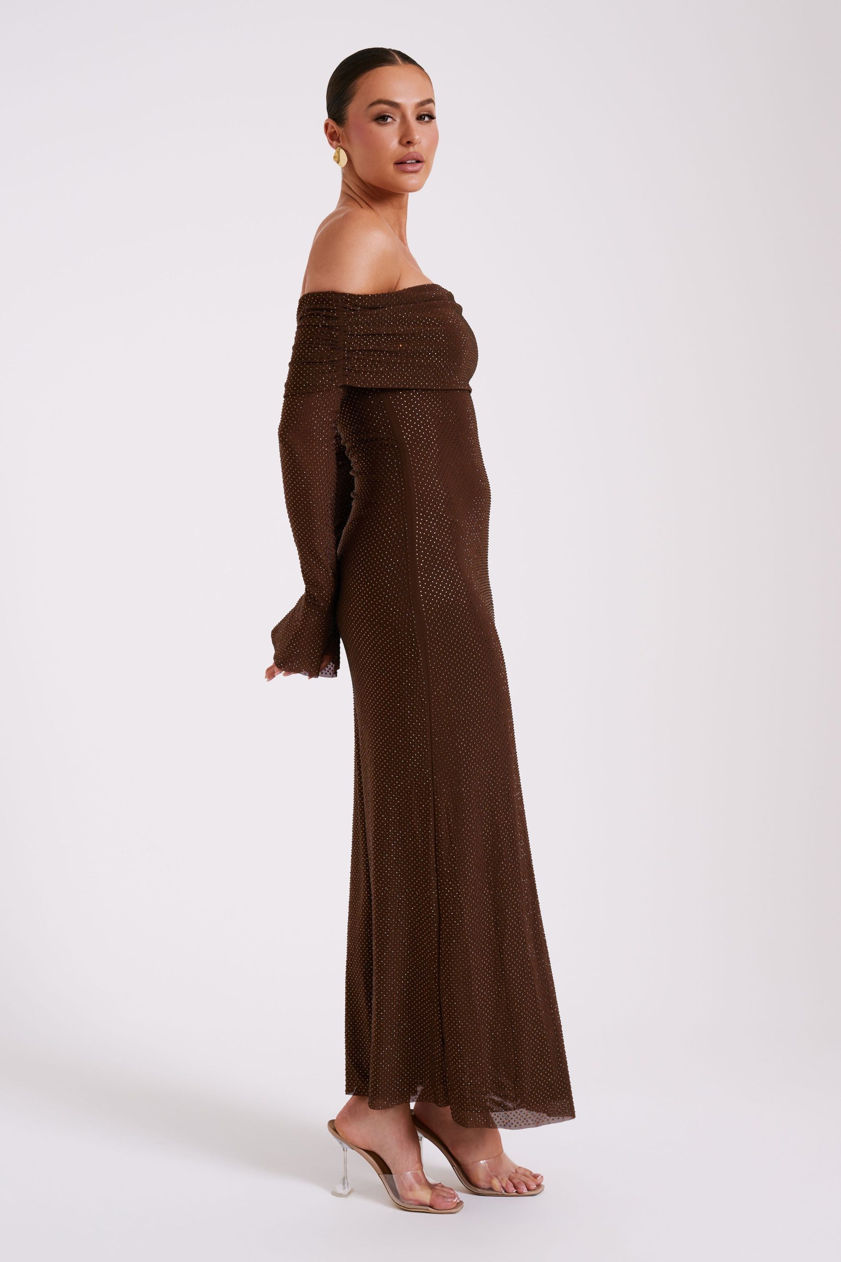 Marcel Off Shoulder Diamante Maxi Dress - Chocolate - Image 9