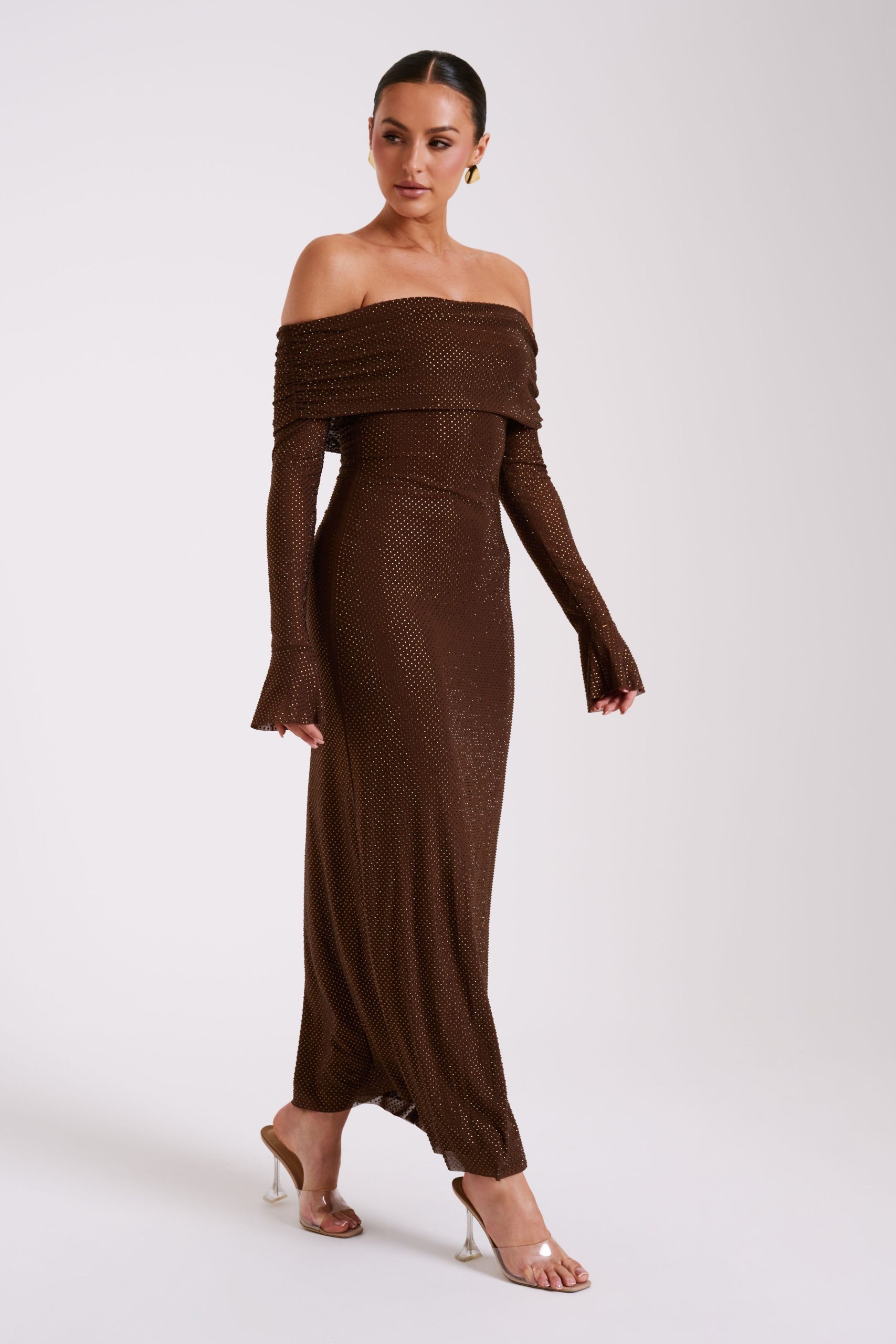 Marcel Off Shoulder Diamante Maxi Dress - Chocolate - Image 8