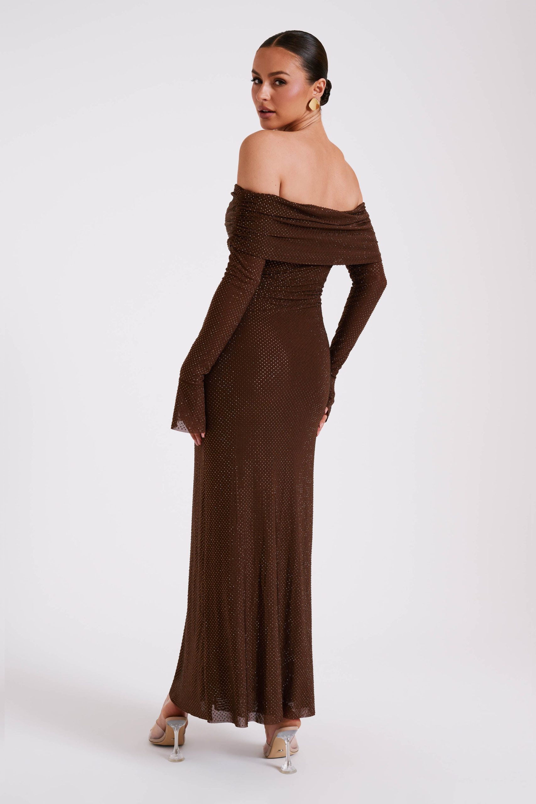 Marcel Off Shoulder Diamante Maxi Dress - Chocolate - Image 7