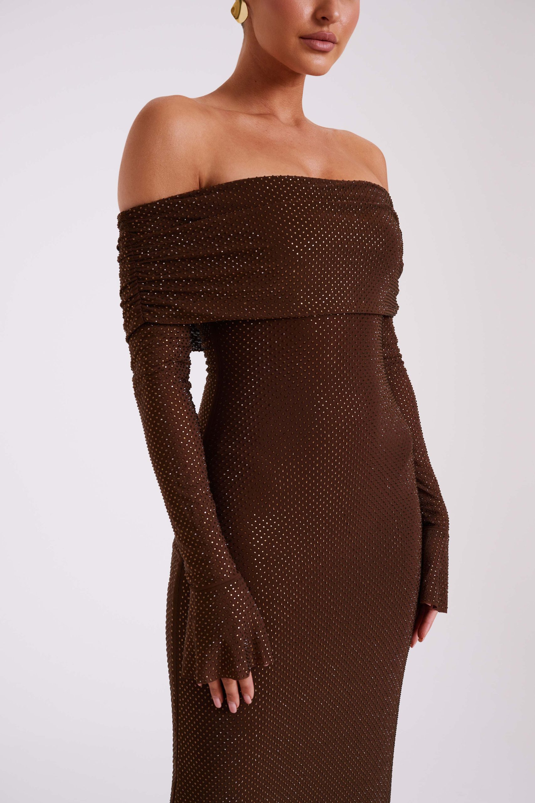 Marcel Off Shoulder Diamante Maxi Dress - Chocolate - Image 11